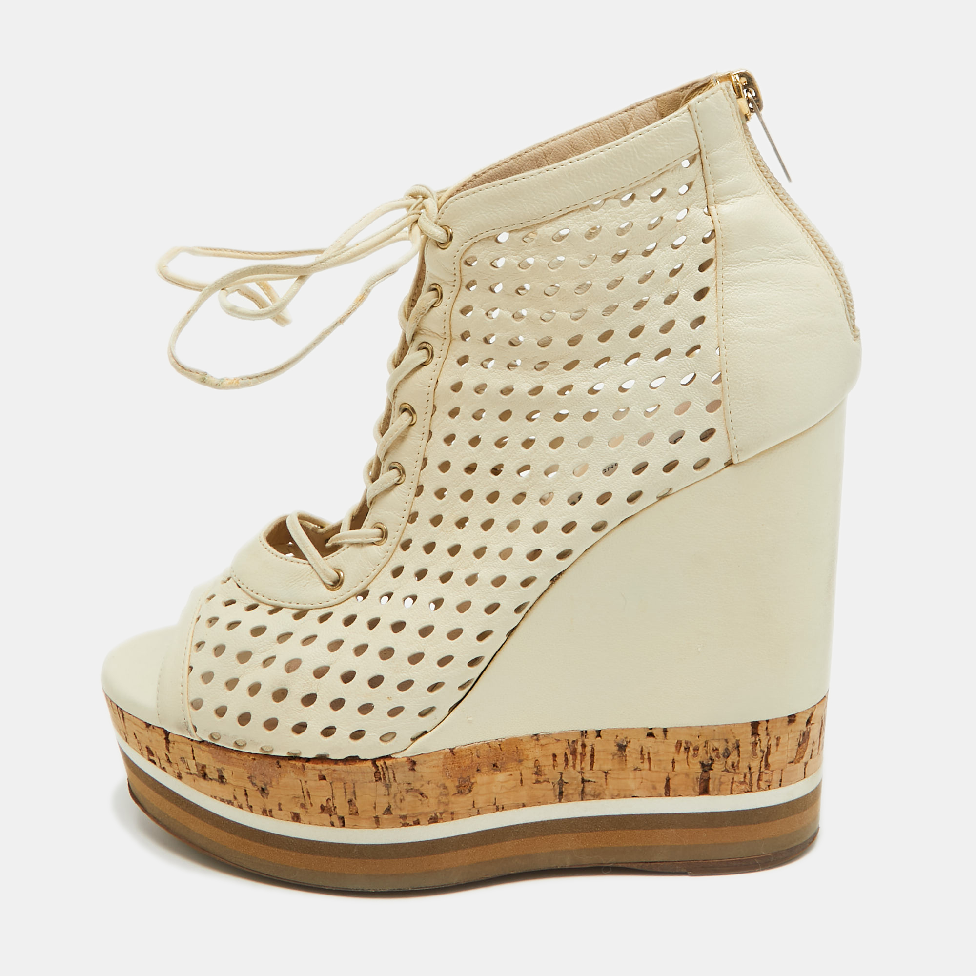 Pre-owned Jimmy Choo Off White Perforated Leather Lace Up Cork Wedge Booties Size 37
