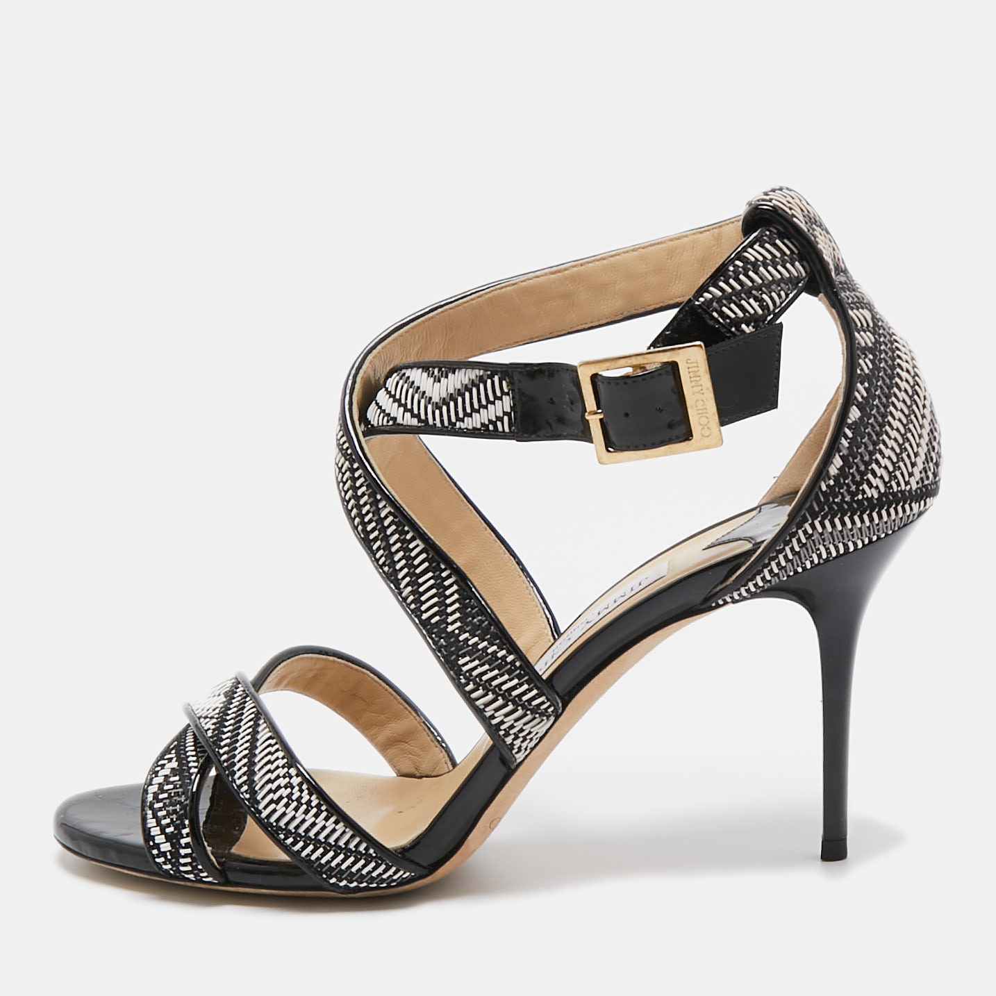 Pre-owned Jimmy Choo Black/cream Patent Striped Sandals Size 40