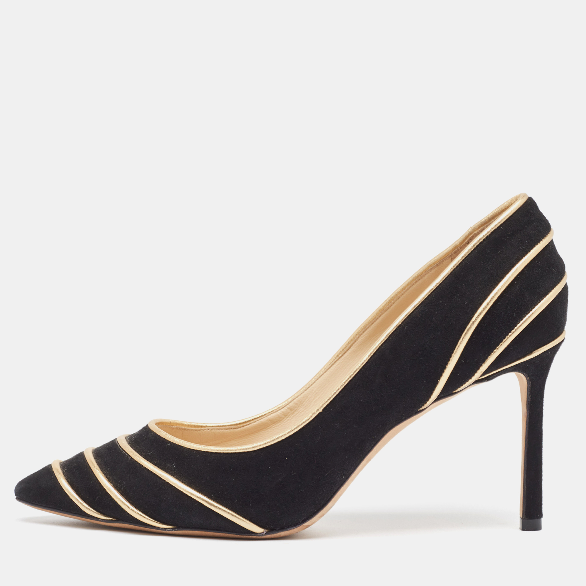 

Jimmy Choo Black/Gold Suede and Leather Romy Pumps Size
