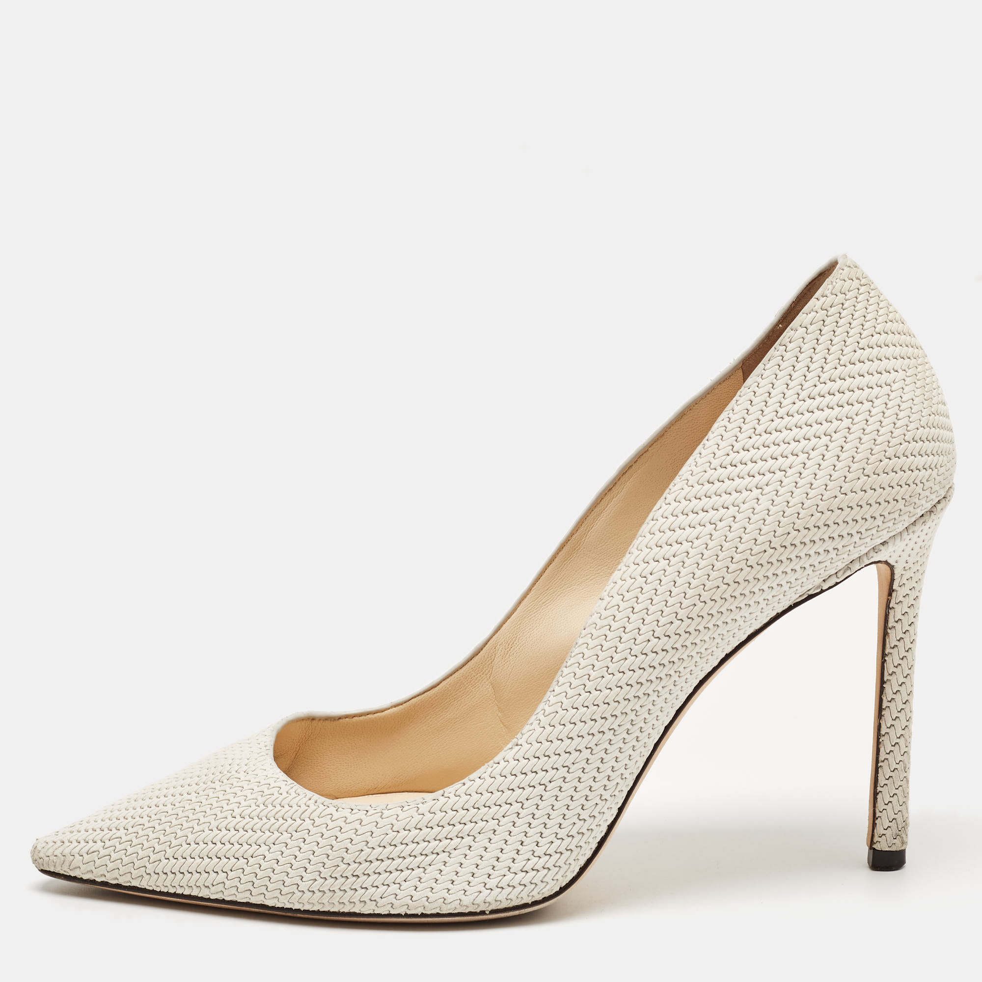 

Jimmy Choo White Knitted Nubuck Leather Romy Pumps Size