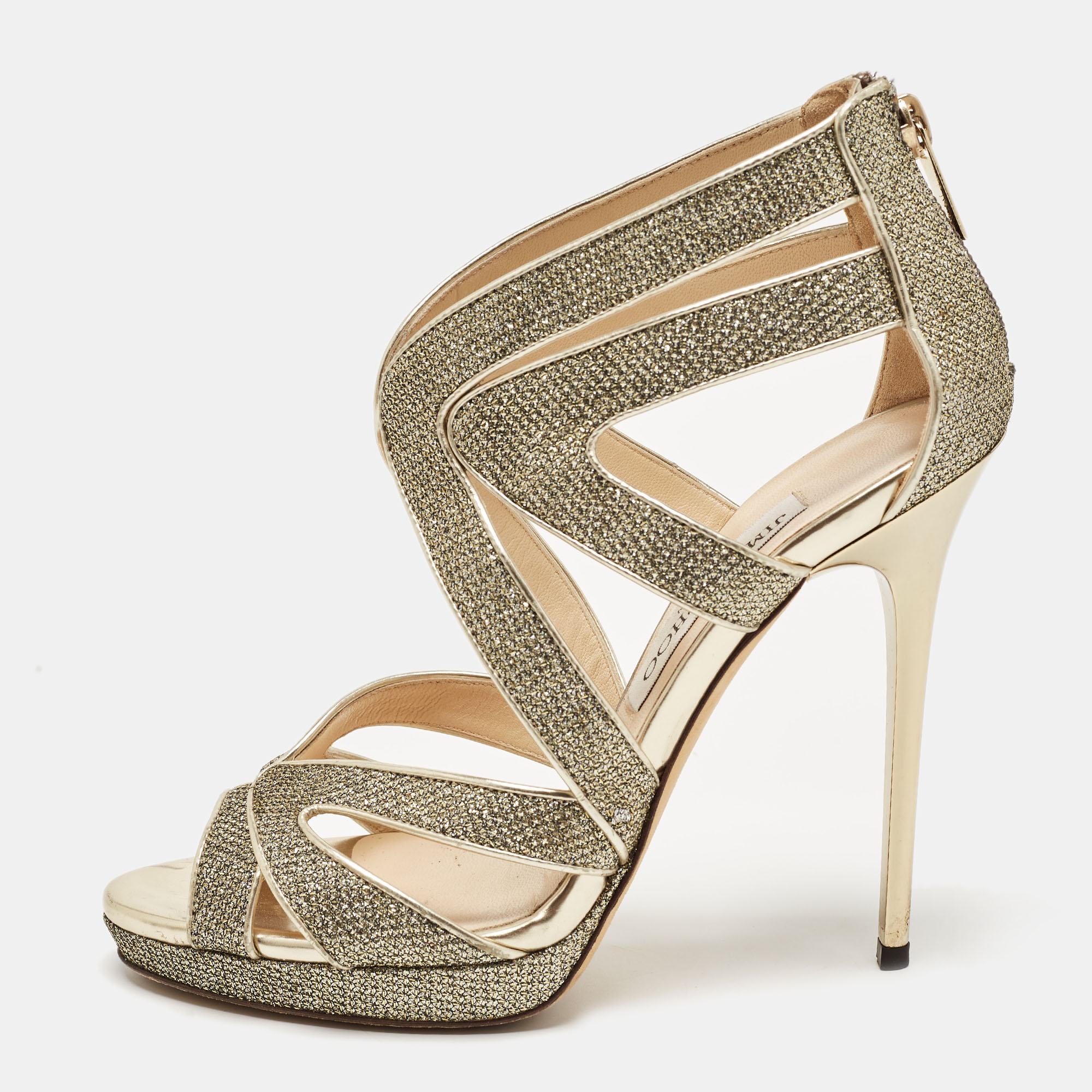 Pre-owned Jimmy Choo Gold Glitter And Leather Sandals Size 36 In Metallic