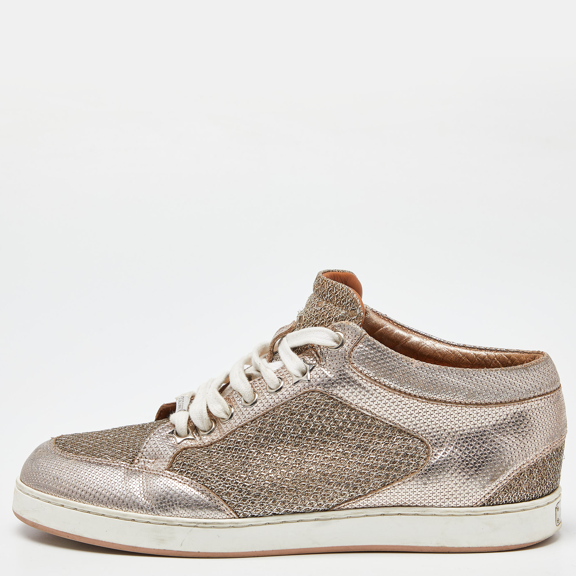 

Jimmy Choo Rose Gold Leather and Glitter Miami High Top Sneakers Size