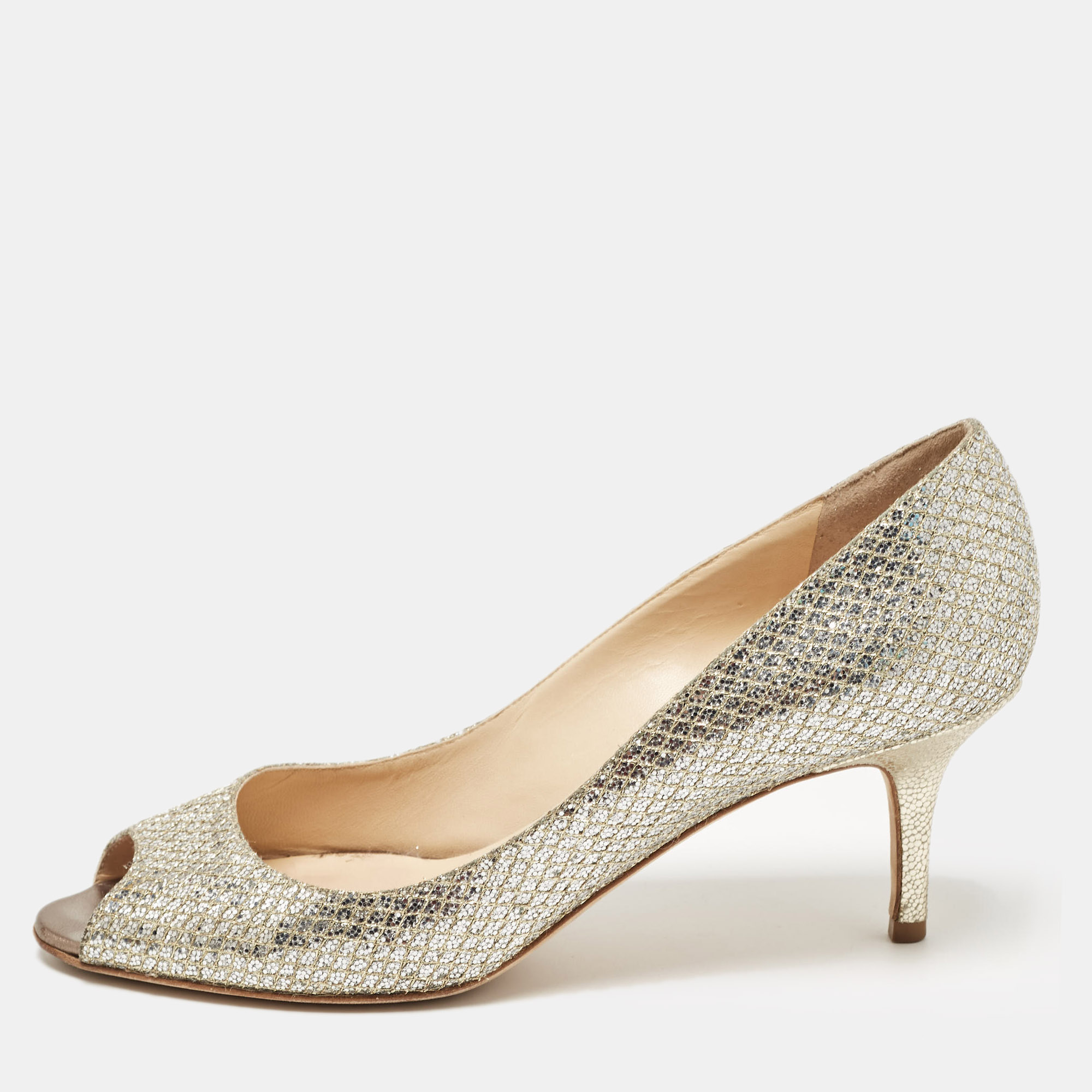 

Jimmy Choo Gold/Silver Glitter and Leather Isabel Peep Toe Pumps Size