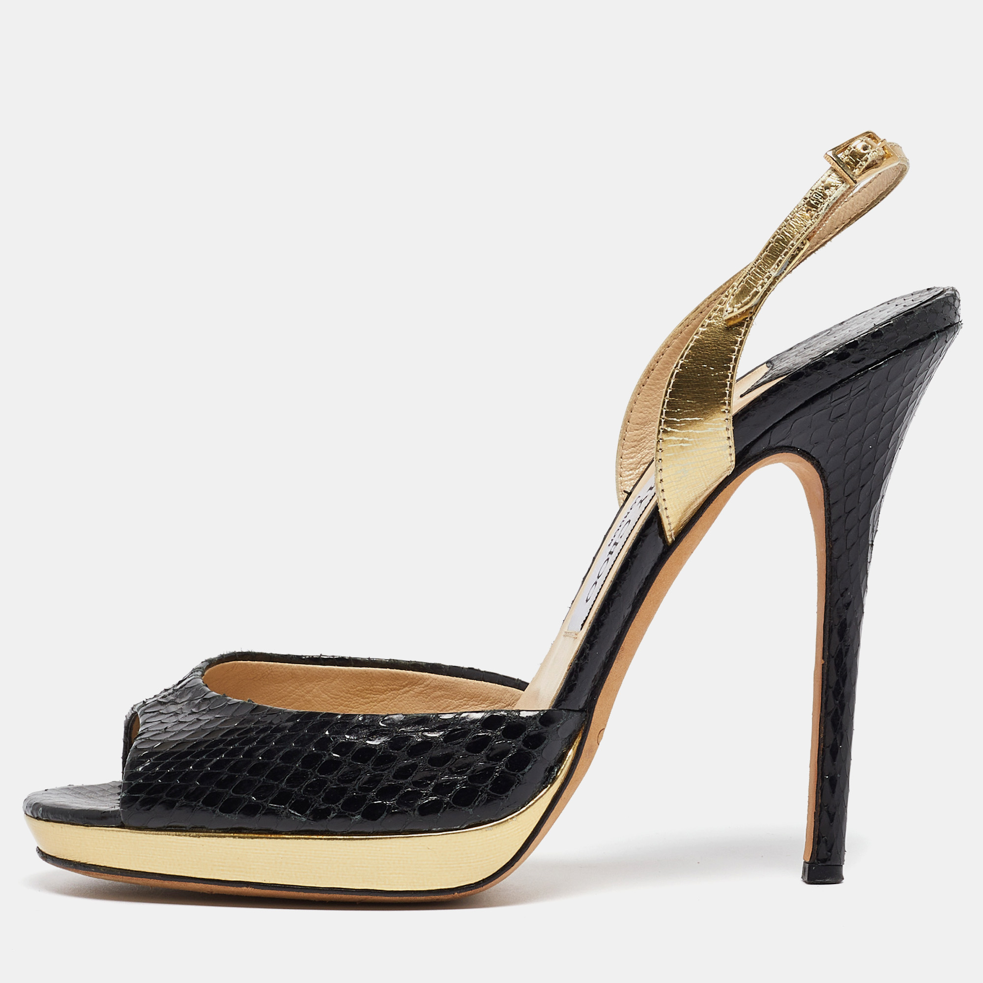 

Jimmy Choo Black/Gold Python and Leather Platform Slingback Sandals Size