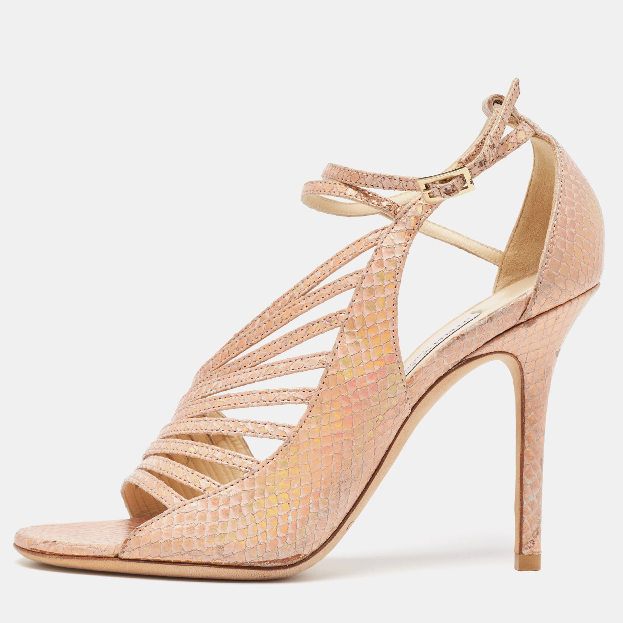 

Jimmy Choo Gold Snakeskin Embossed Strappy Ankle Strap Sandals Size, Beige