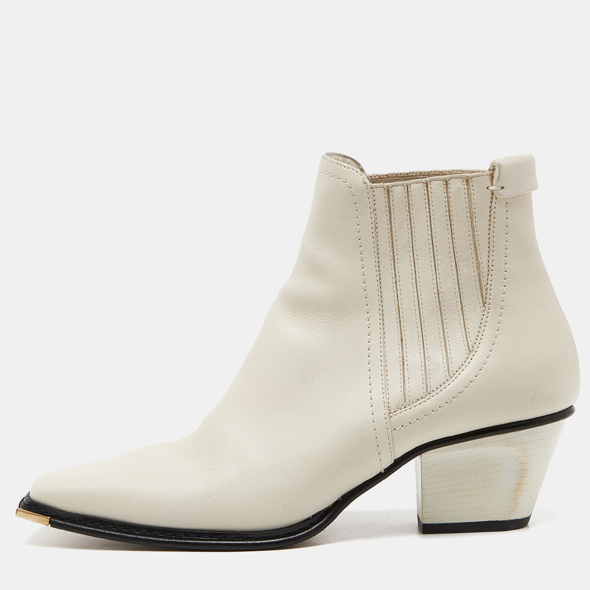 Pre-owned Jimmy Choo Off White Leather Ankle Boots Size 37