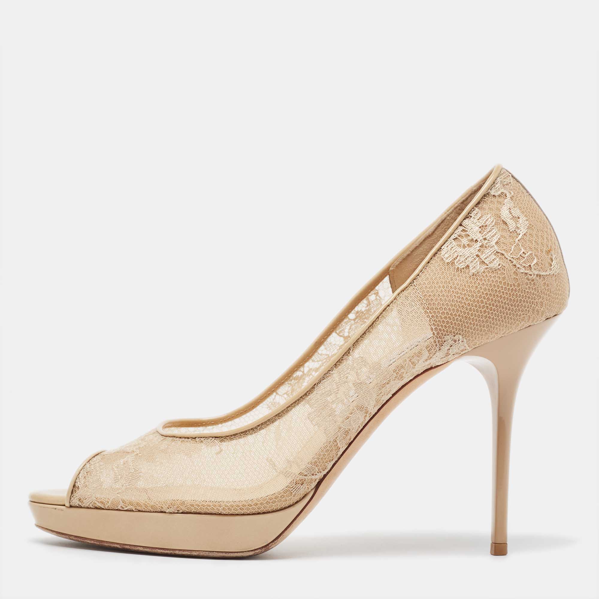 

Jimmy Choo Beige Lace and Patent Leather Luna Peep Toe Pumps Size
