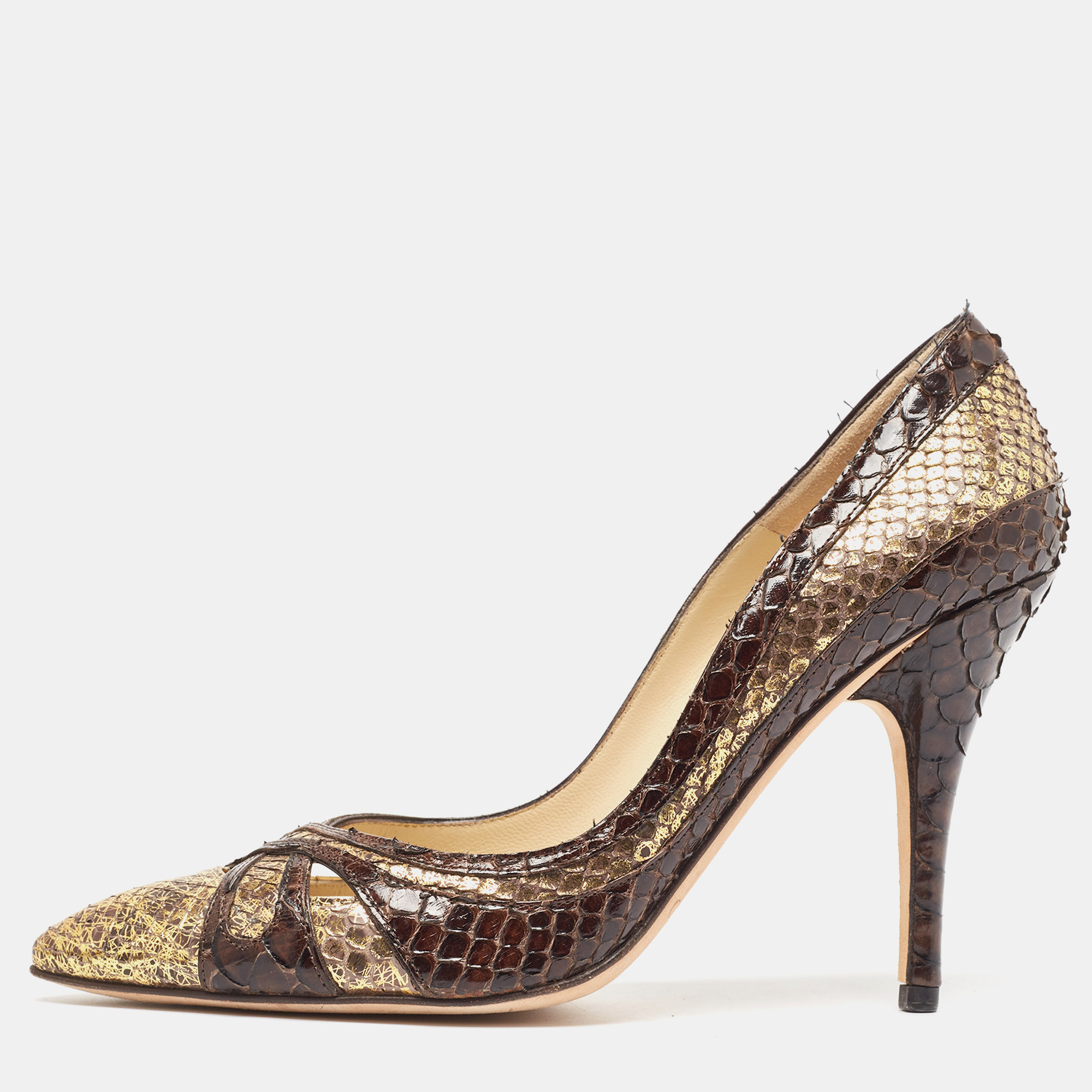 Pre-owned Jimmy Choo Brown/gold Python Pointed Toe Pumps Size 37