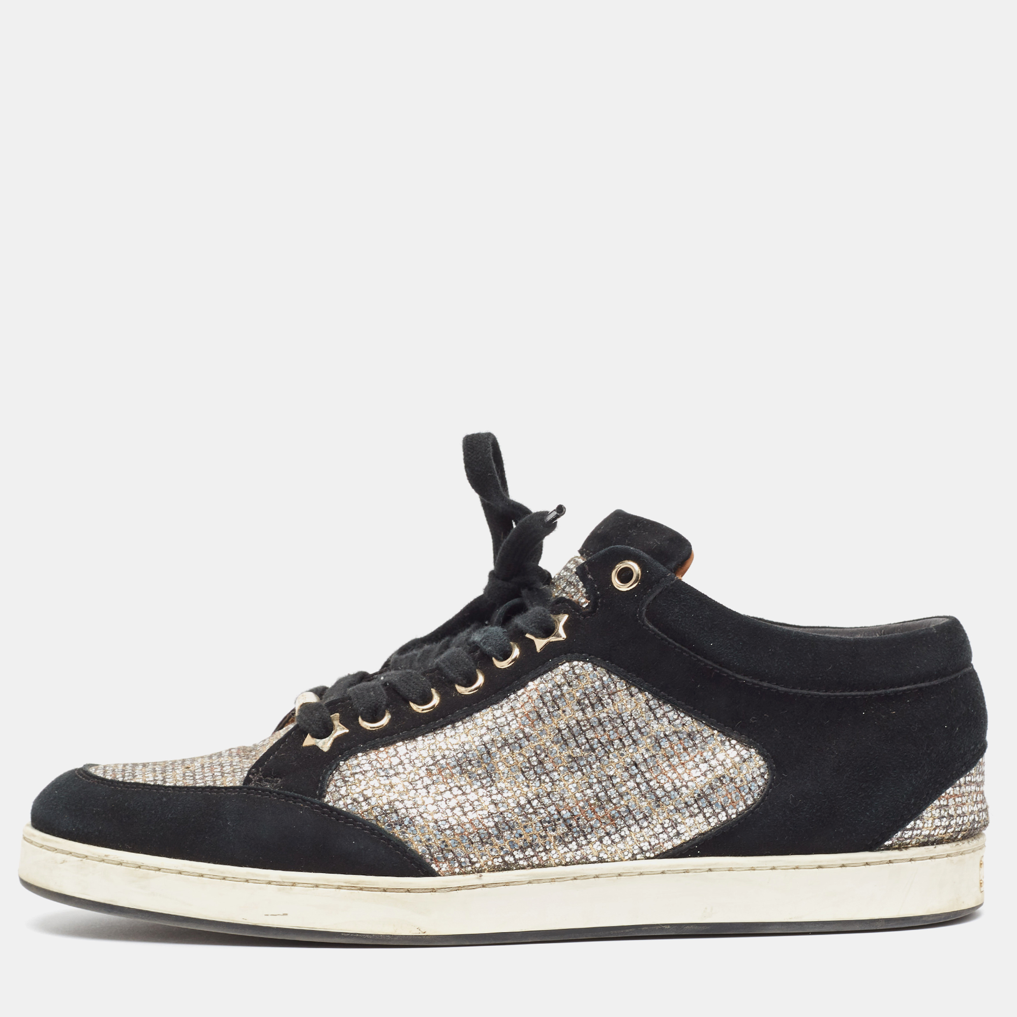 

Jimmy Choo Sliver/Black Suede and Glitter Miami Sneakers Size