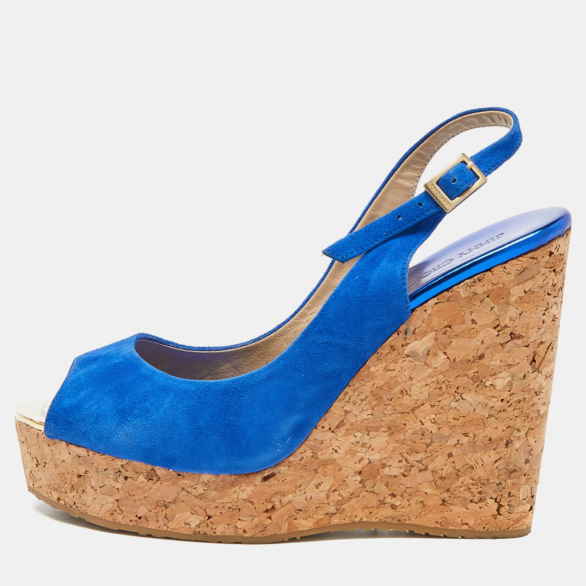 

Jimmy Choo Blue Suede Cork Wedge Ankle Strap Sandals Size