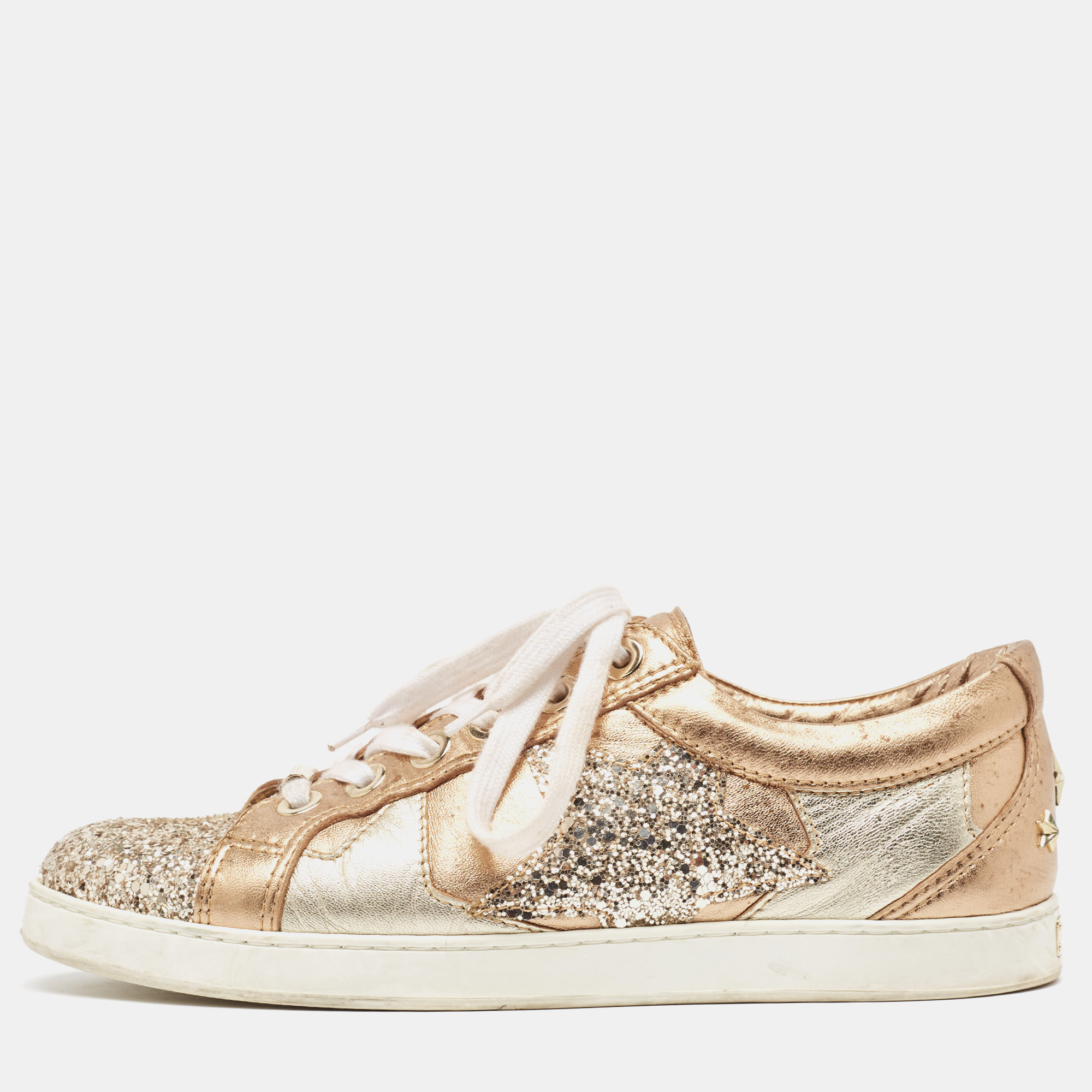 Pre-owned Jimmy Choo Metallic Leather And Glitter Low Top Sneakers Size 39
