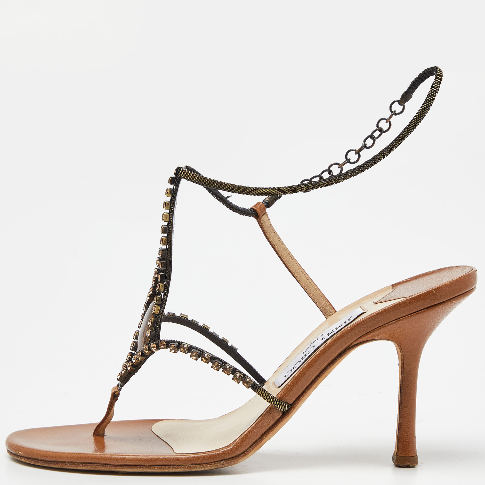 

Jimmy Choo Brown Leather Crystal Embellished Slide Ankle Strap Sandals Size
