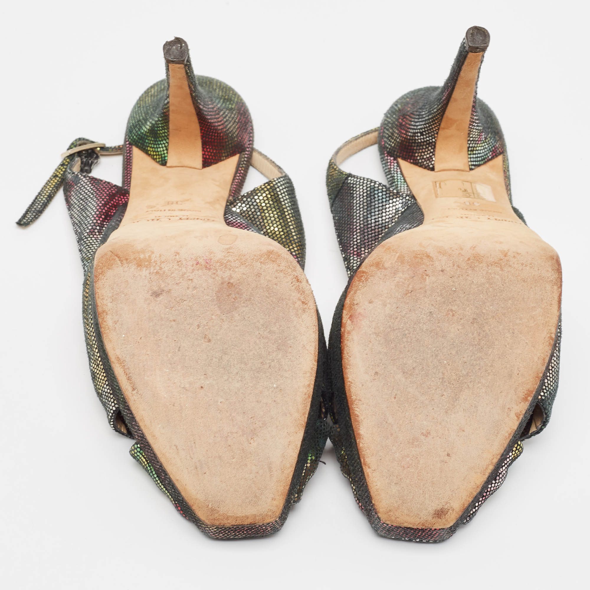 Jimmy Choo Multicolor Texture Suede Peep Toe Slingback Pumps Size 38 