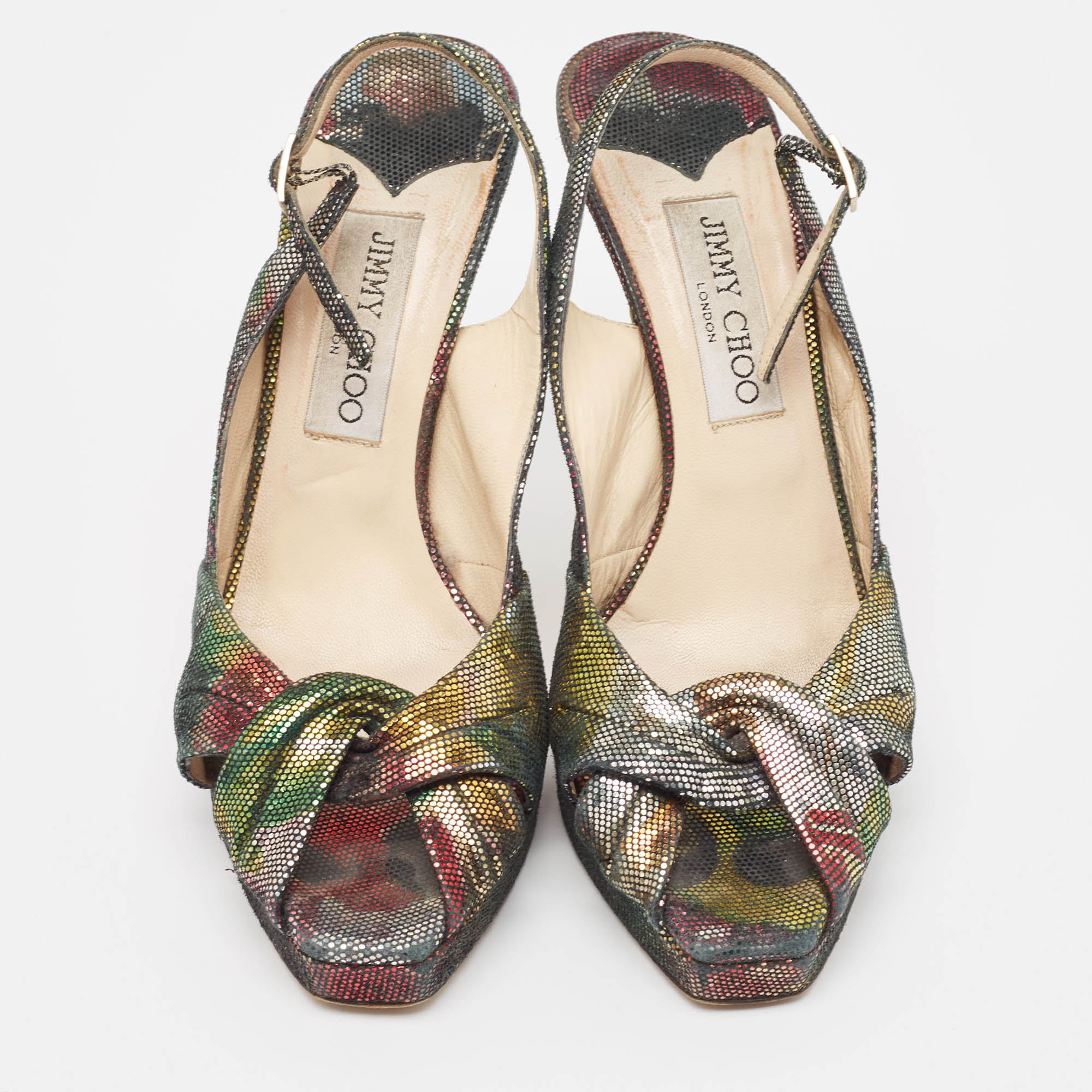 Jimmy Choo Multicolor Texture Suede Peep Toe Slingback Pumps Size 38 