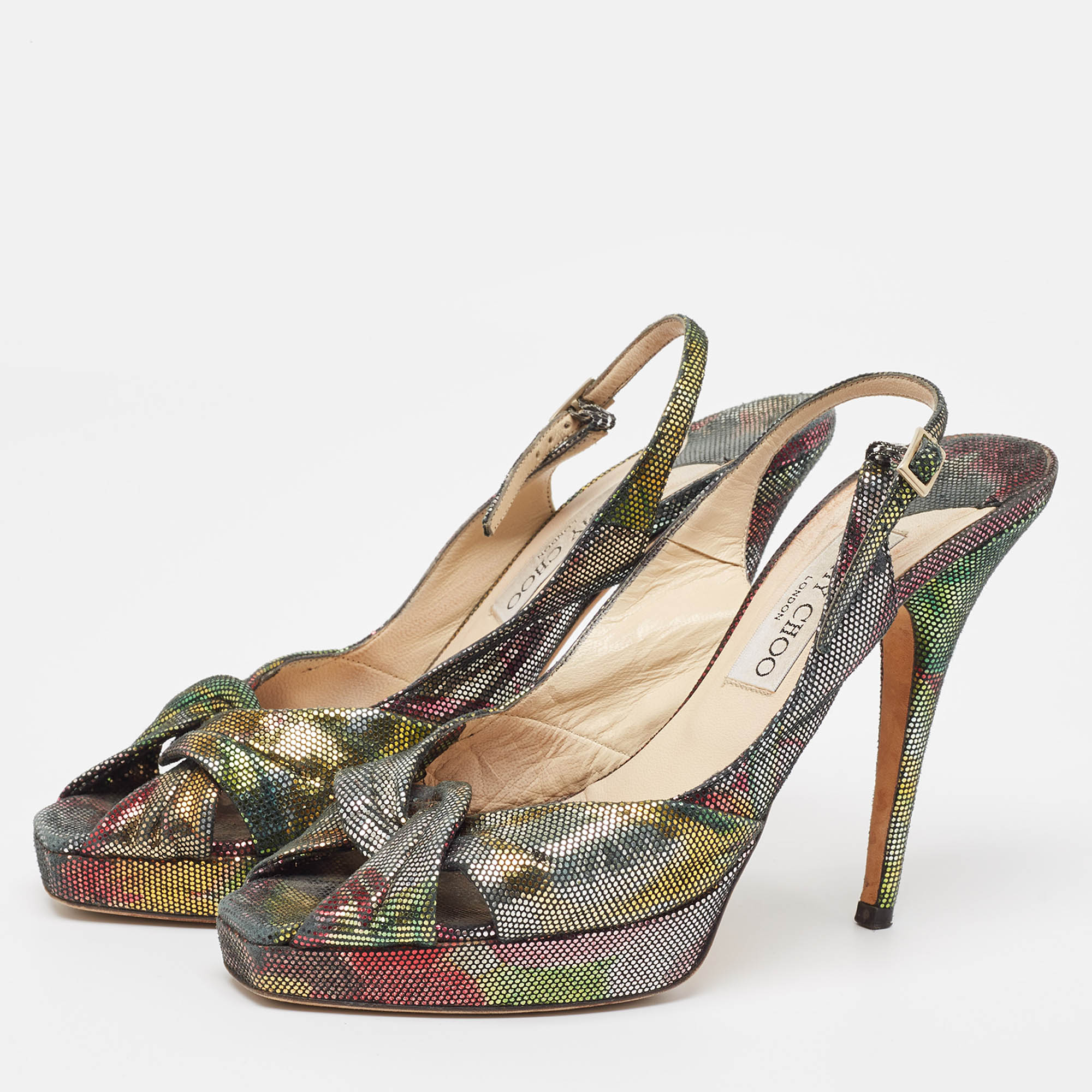 Jimmy Choo Multicolor Texture Suede Peep Toe Slingback Pumps Size 38 