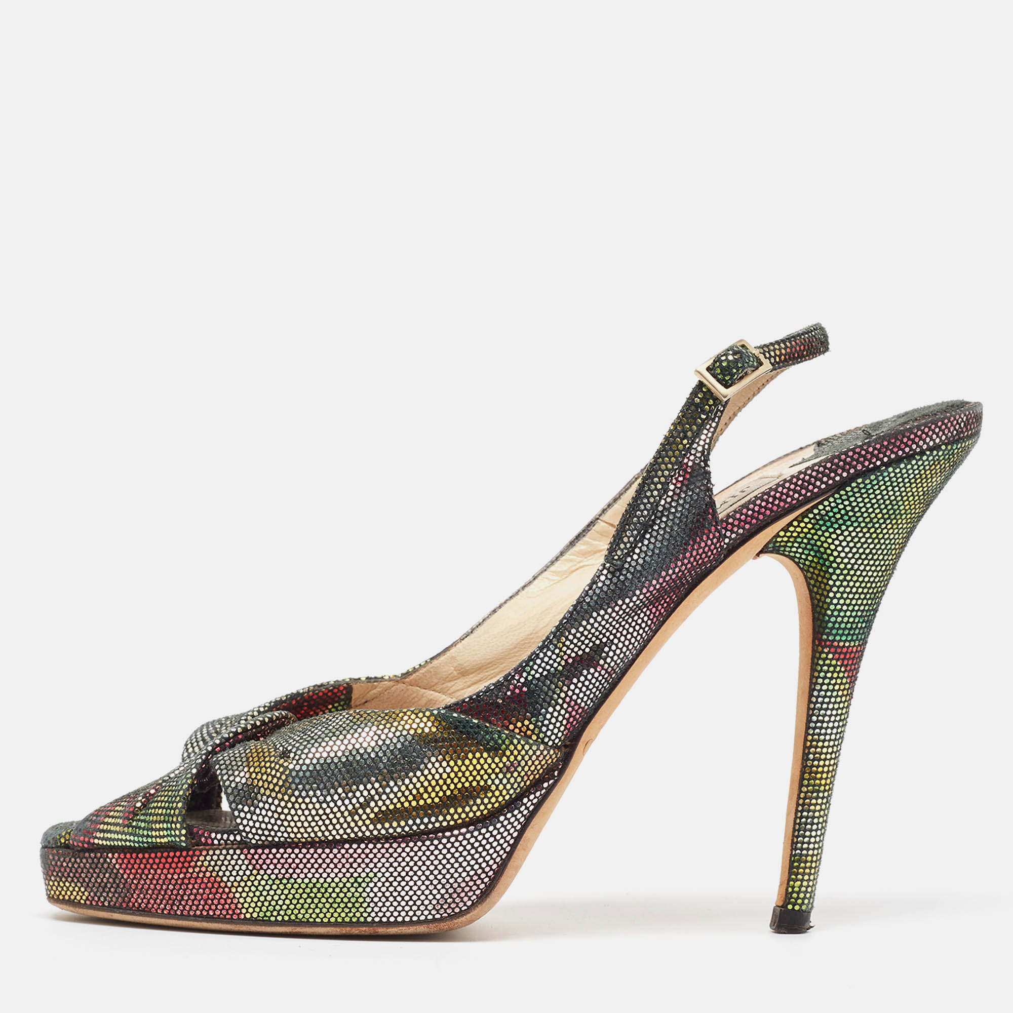 Pre-owned Jimmy Choo Multicolor Texture Suede Peep Toe Slingback Pumps Size 38