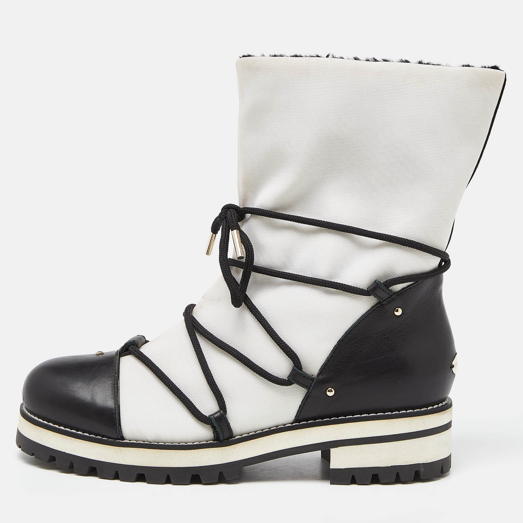 

Jimmy Choo White/Black Canvas and Leather Ankle Boots Size