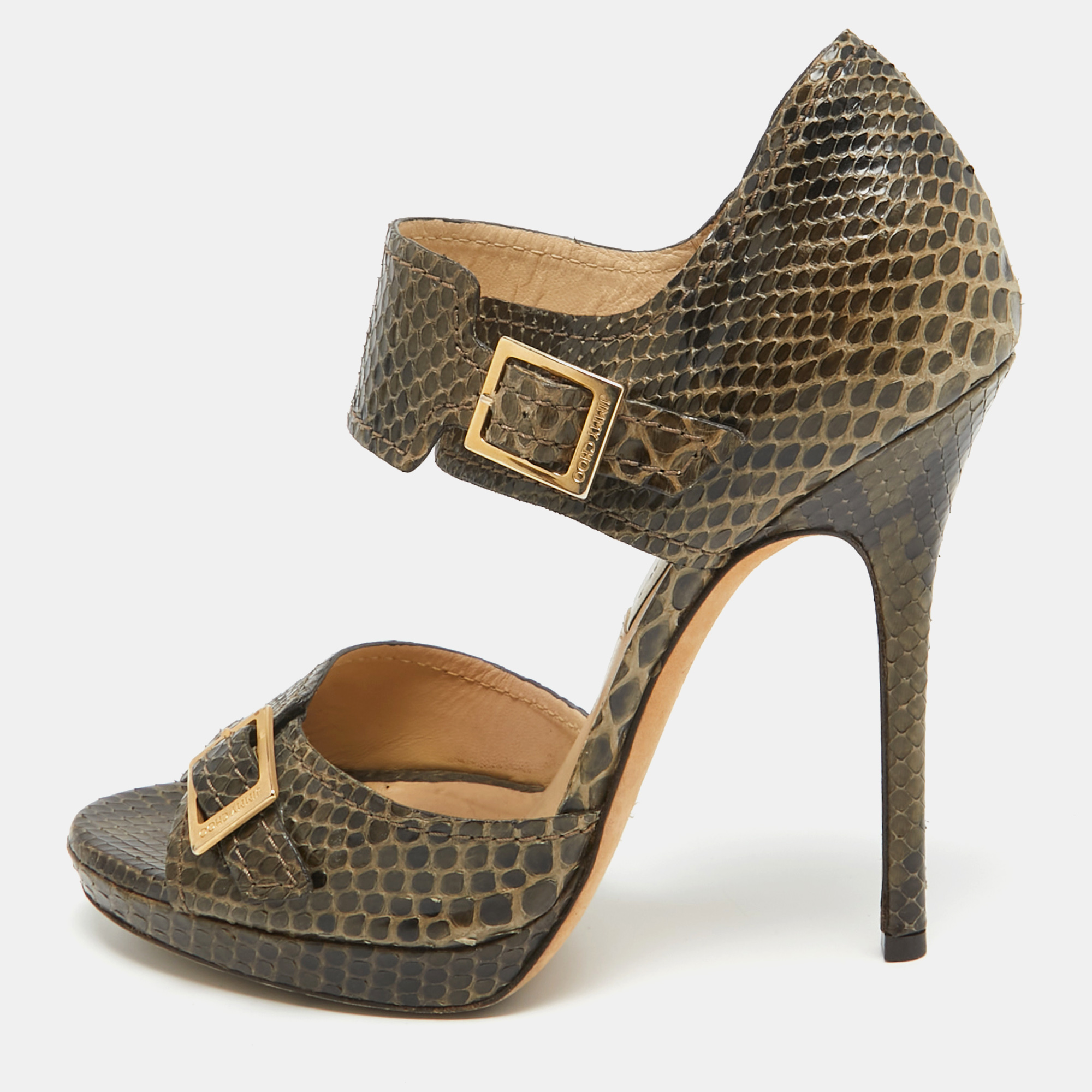 

Jimmy Choo Green/Brown Python Buckle Pumps Size