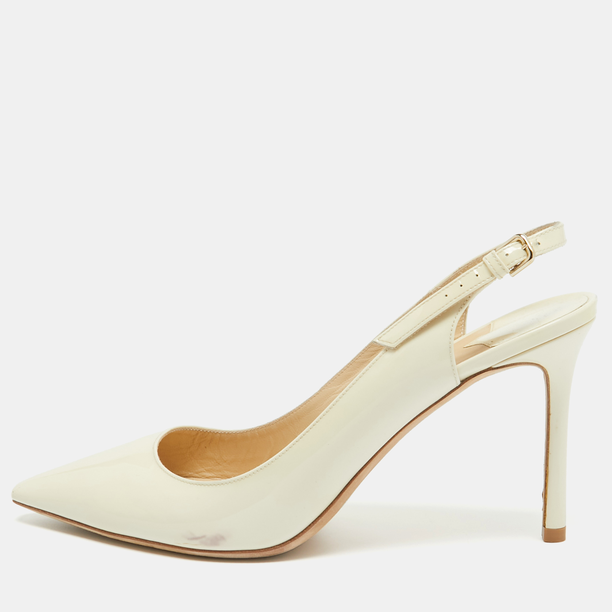 

Jimmy Choo Cream Patent Leather Slingback Pointed Toe Pumps Size