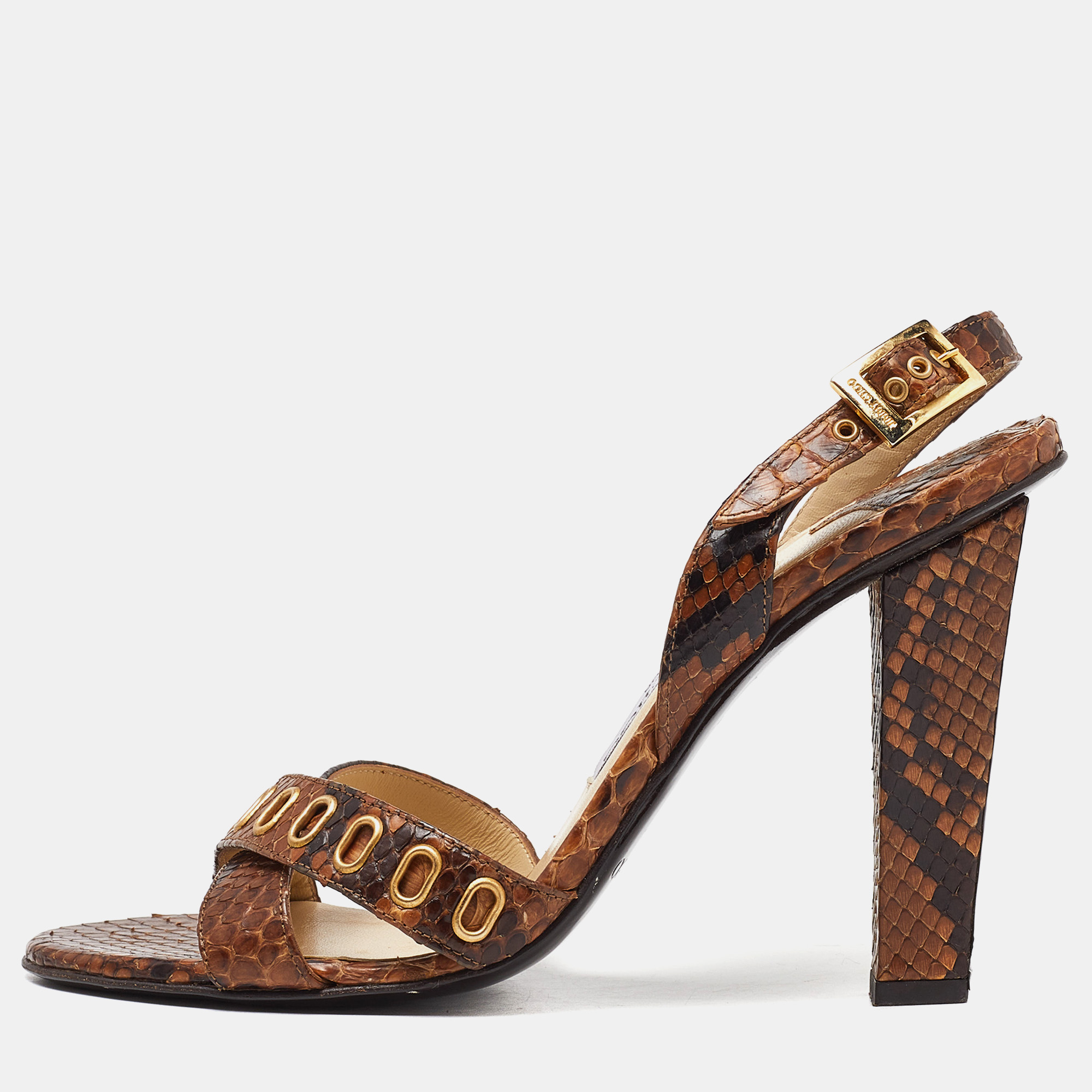 

Jimmy Choo Brown Python Leather Criss Cross Slingback Sandals Size