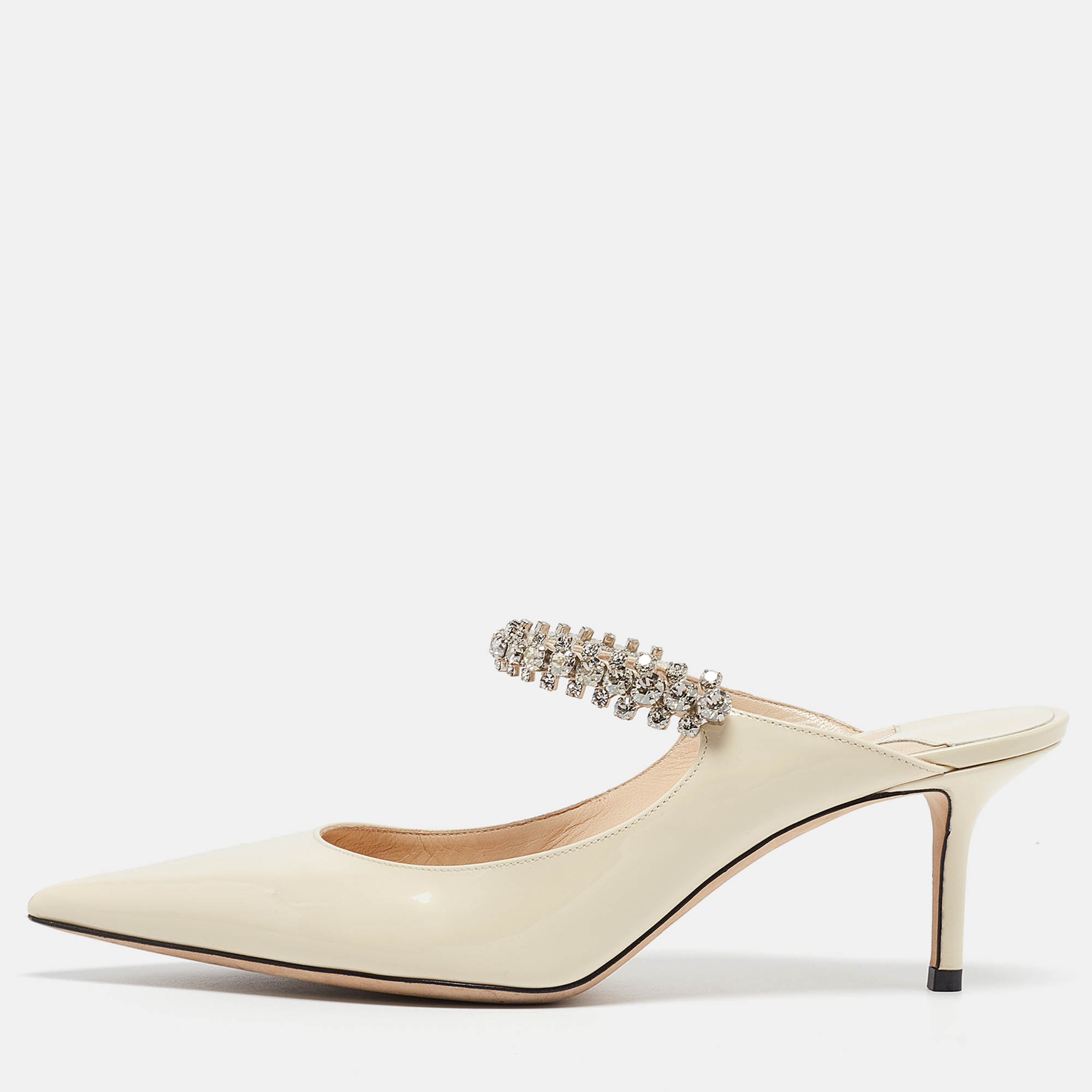 

Jimmy Choo Cream Patent Bing Crystal Embellished Mules Size