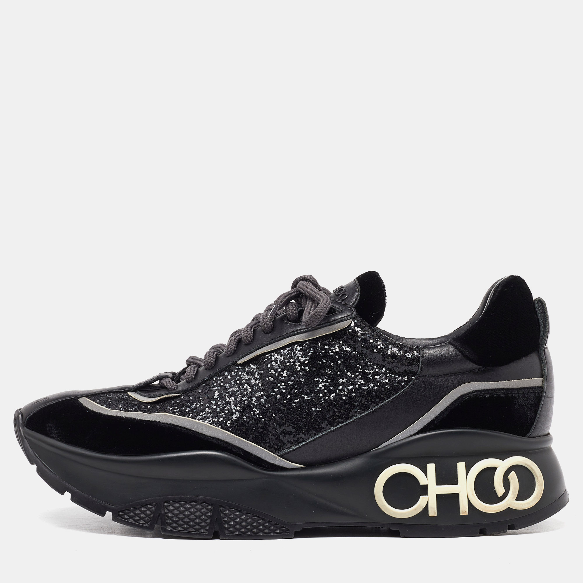 

Jimmy Choo Black Glitter and Velvet Raine Sneakers Size