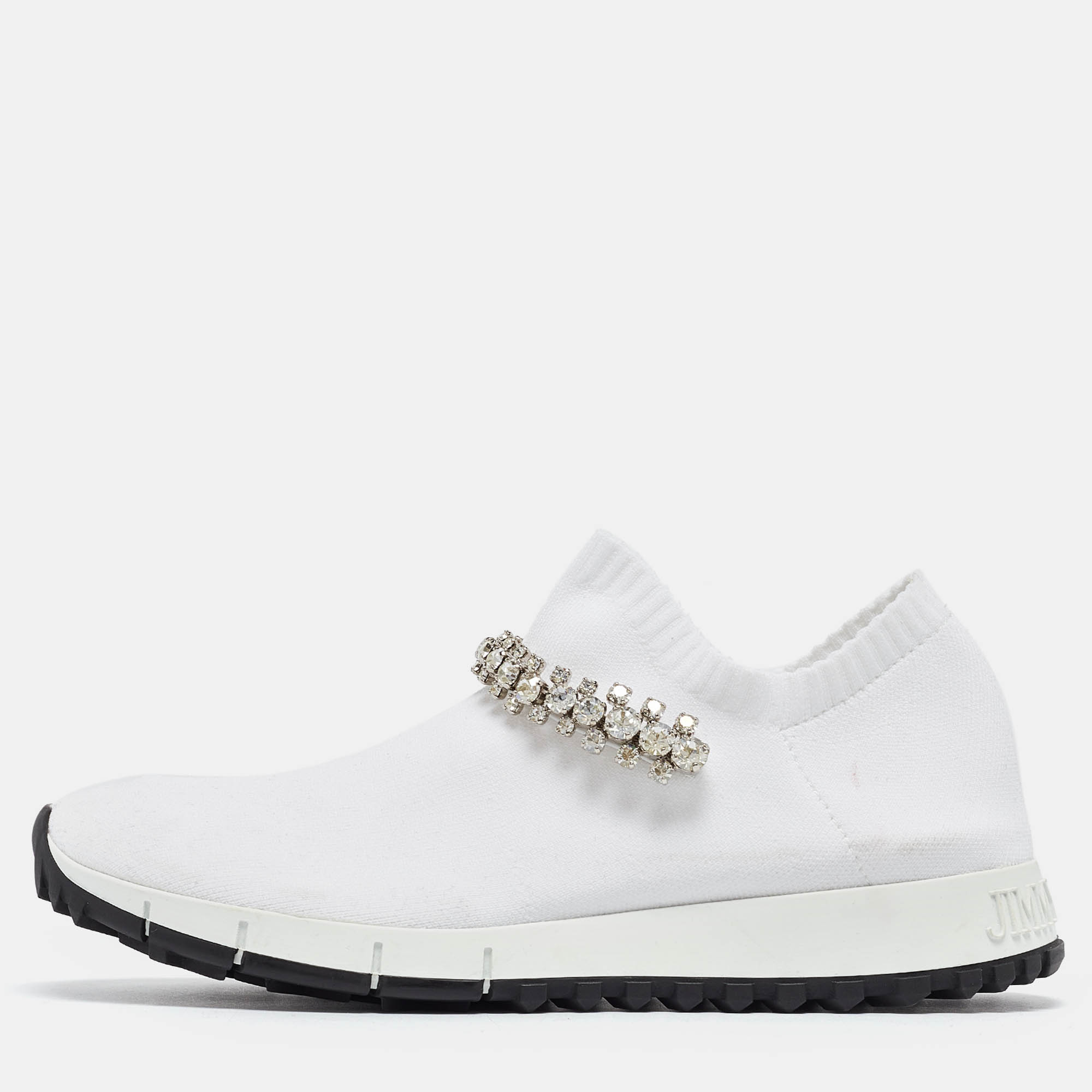 

Jimmy Choo White Knit Fabric Crystal Embellished Low Top Sneakers Size