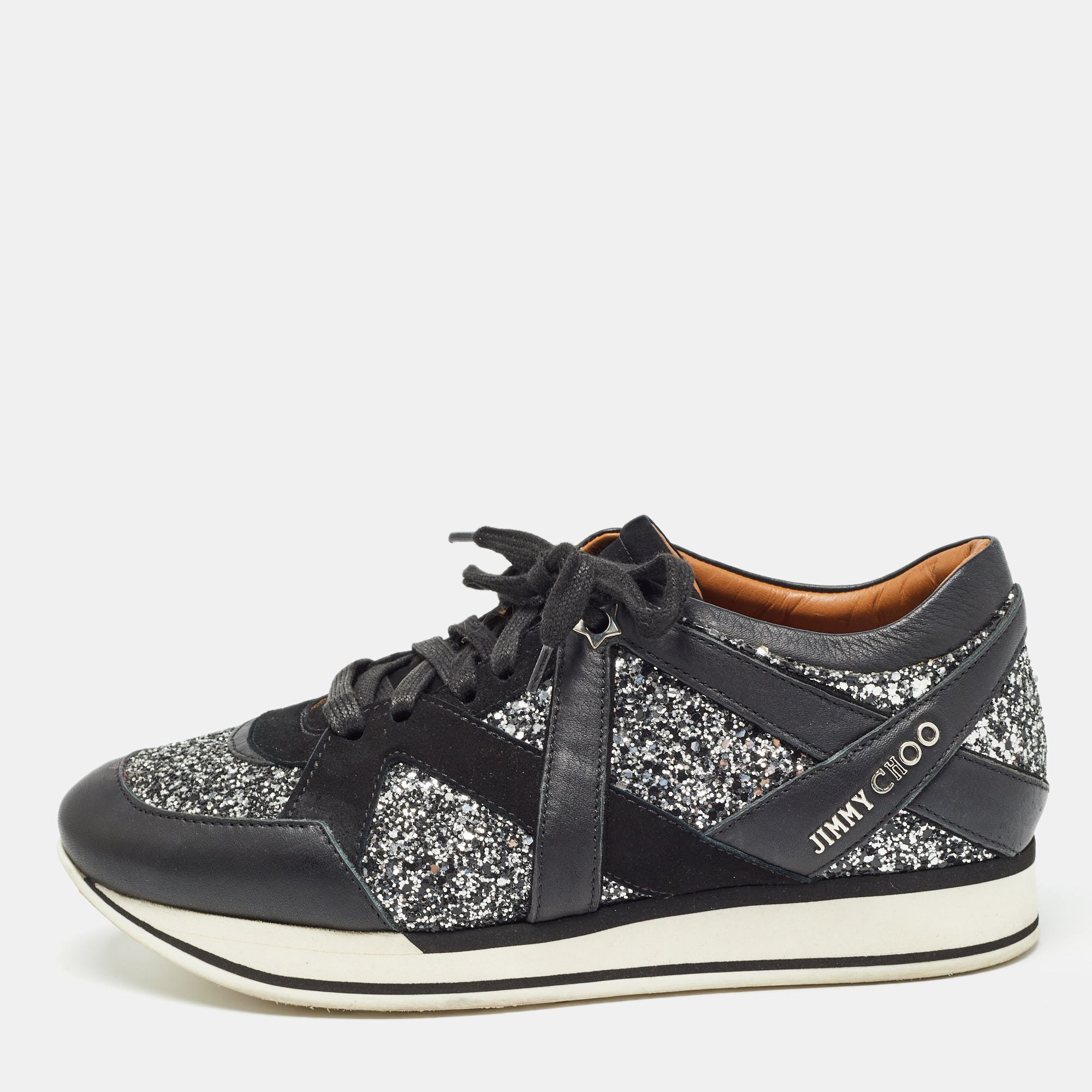 

Jimmy Choo Black/Silver Coarse Glitter and Leather Low Top Sneakers Size