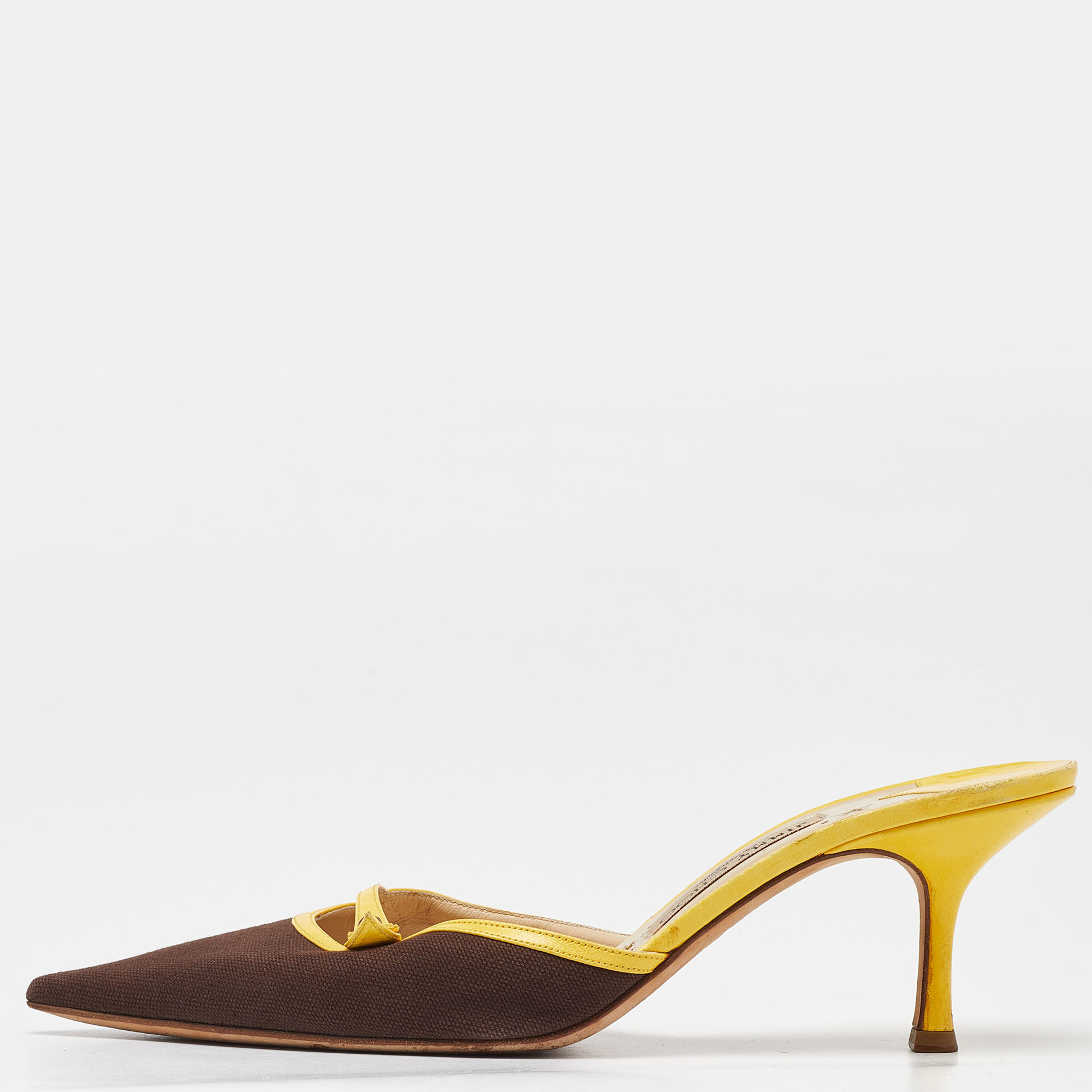 

Jimmy Choo Brown/Yellow Canvas and Leather Pointed Toe Mules Size