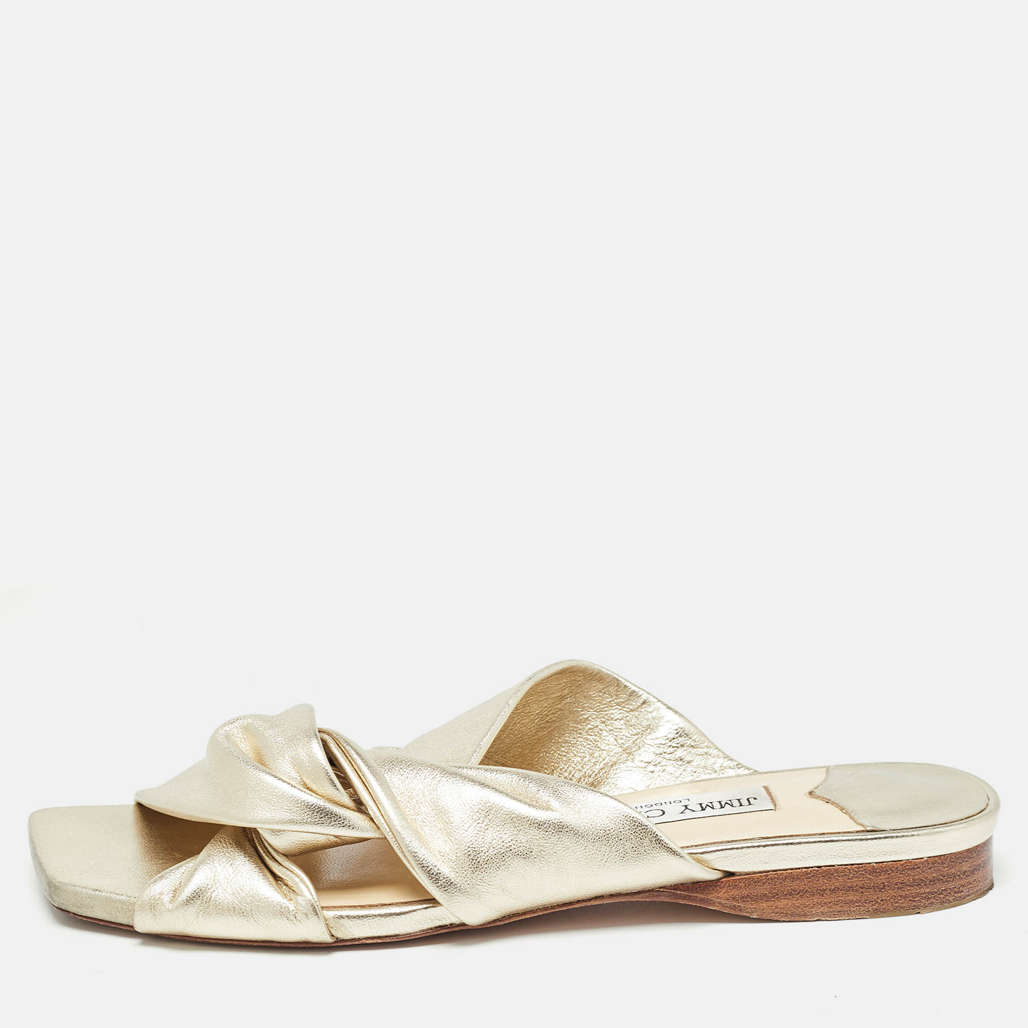 Pre-owned Jimmy Choo Gold Leather Narisa Flat Slides Size 39 In Metallic