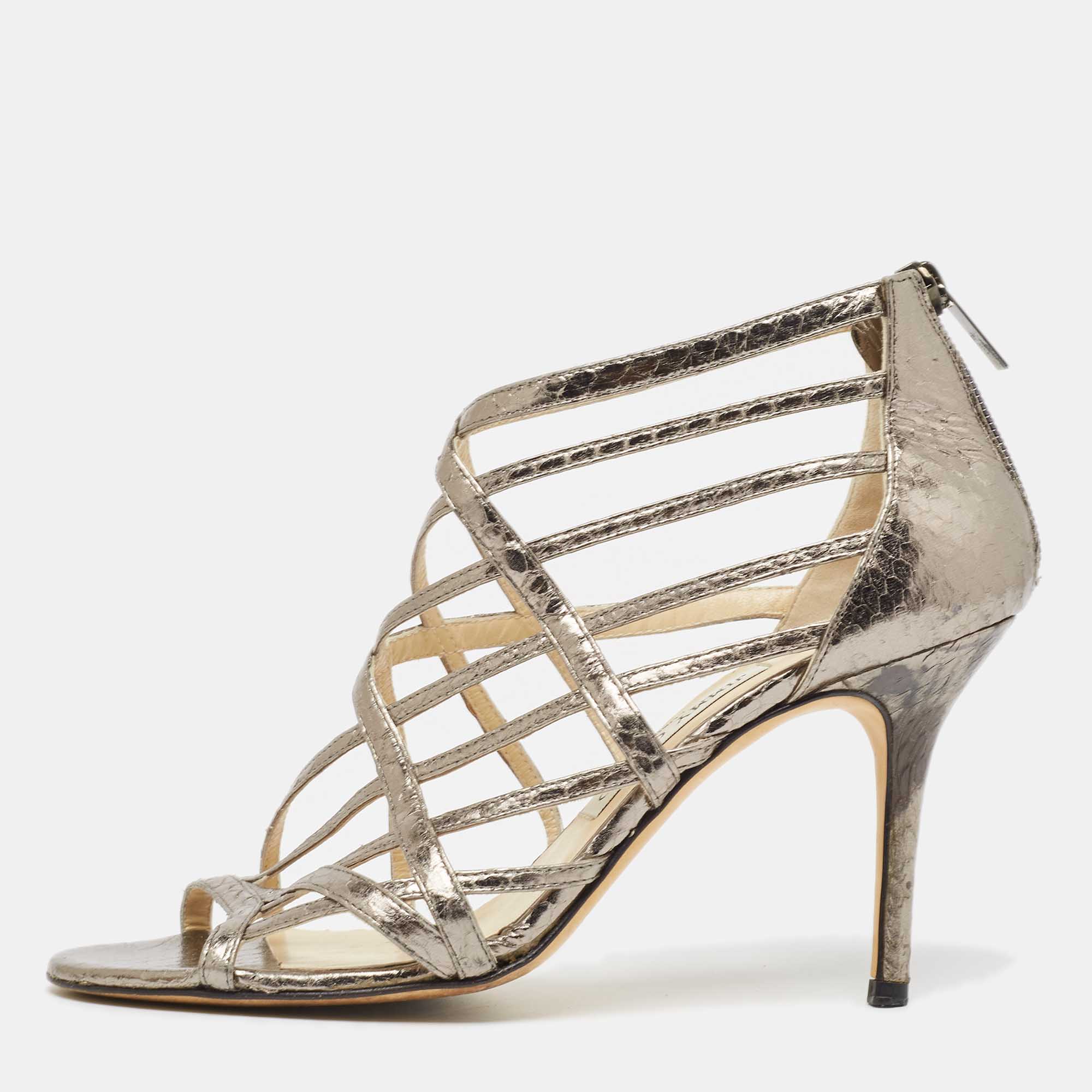 

Jimmy Choo Metallic Grey Watersnake Strappy Peep Toe Sandals Size