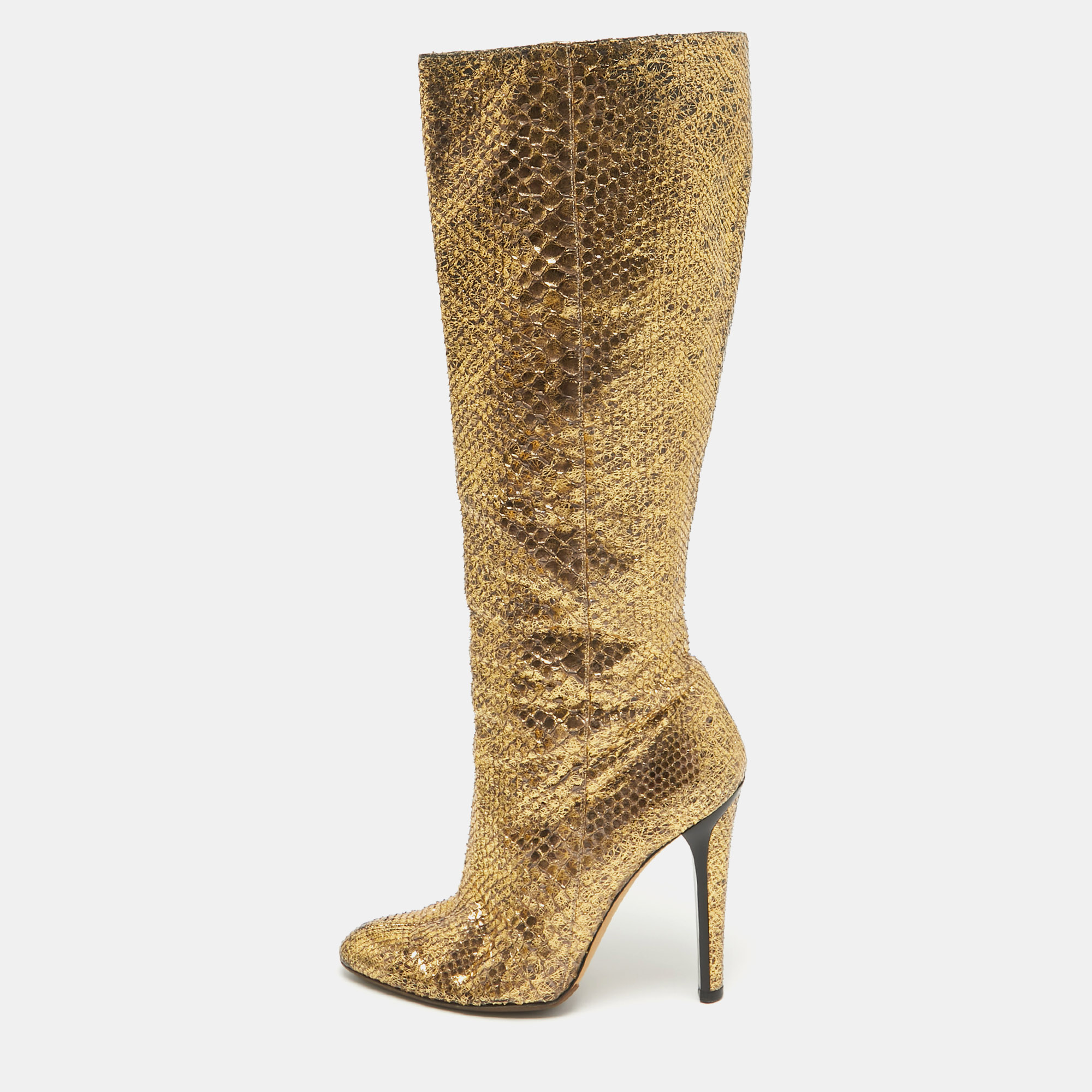 Pre-owned Jimmy Choo Gold Python Leather Knee Length Boots Size 37