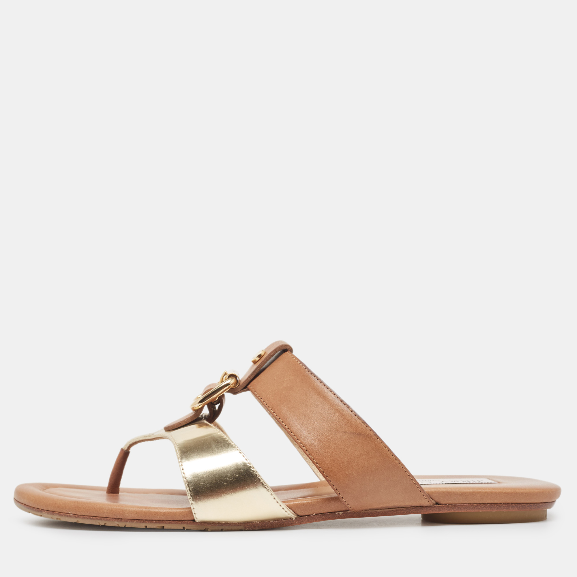

Jimmy Choo Brown/Gold Leather Flat Slides Size