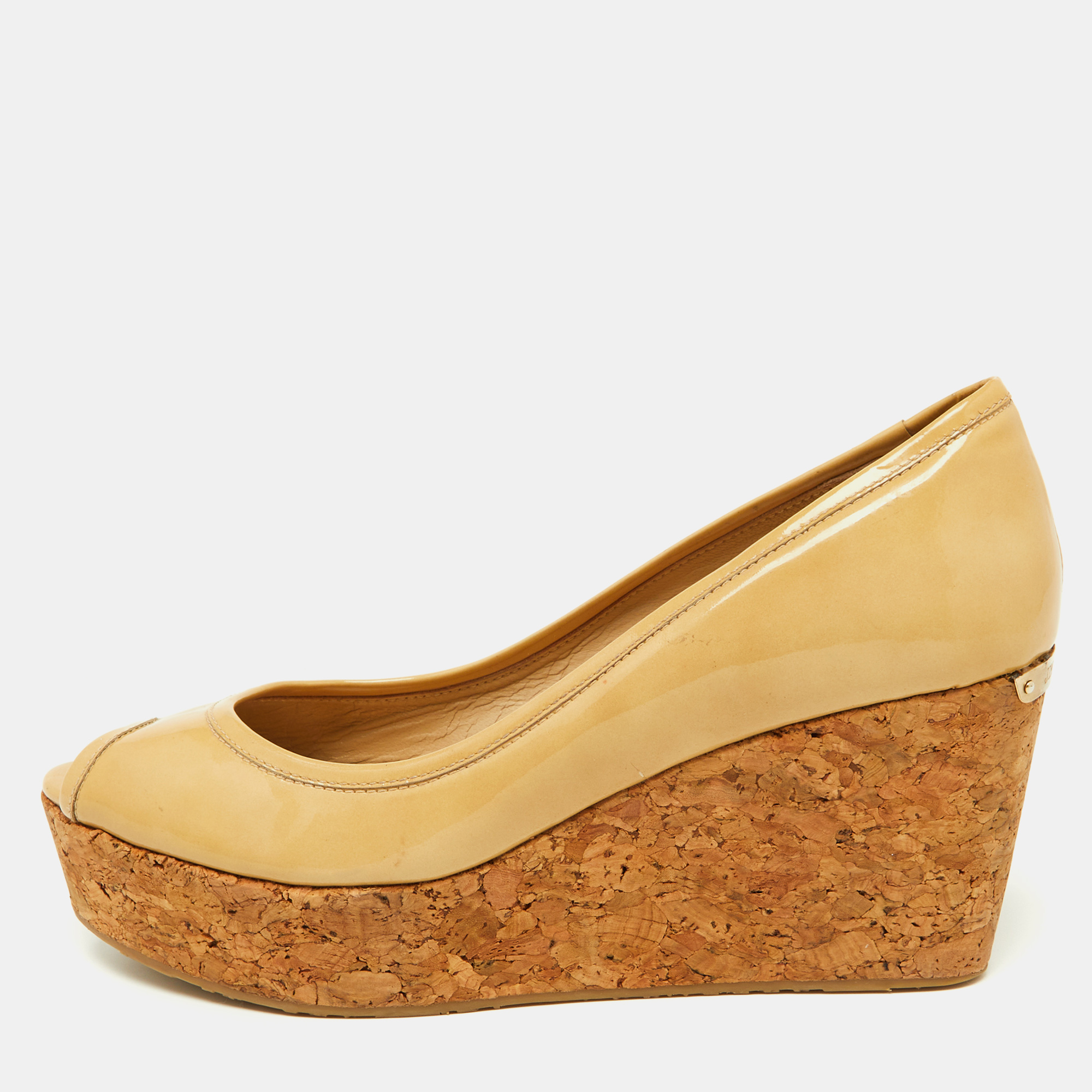 

Jimmy Choo Beige Patent Leather Cork Wedge Parley Pumps Size