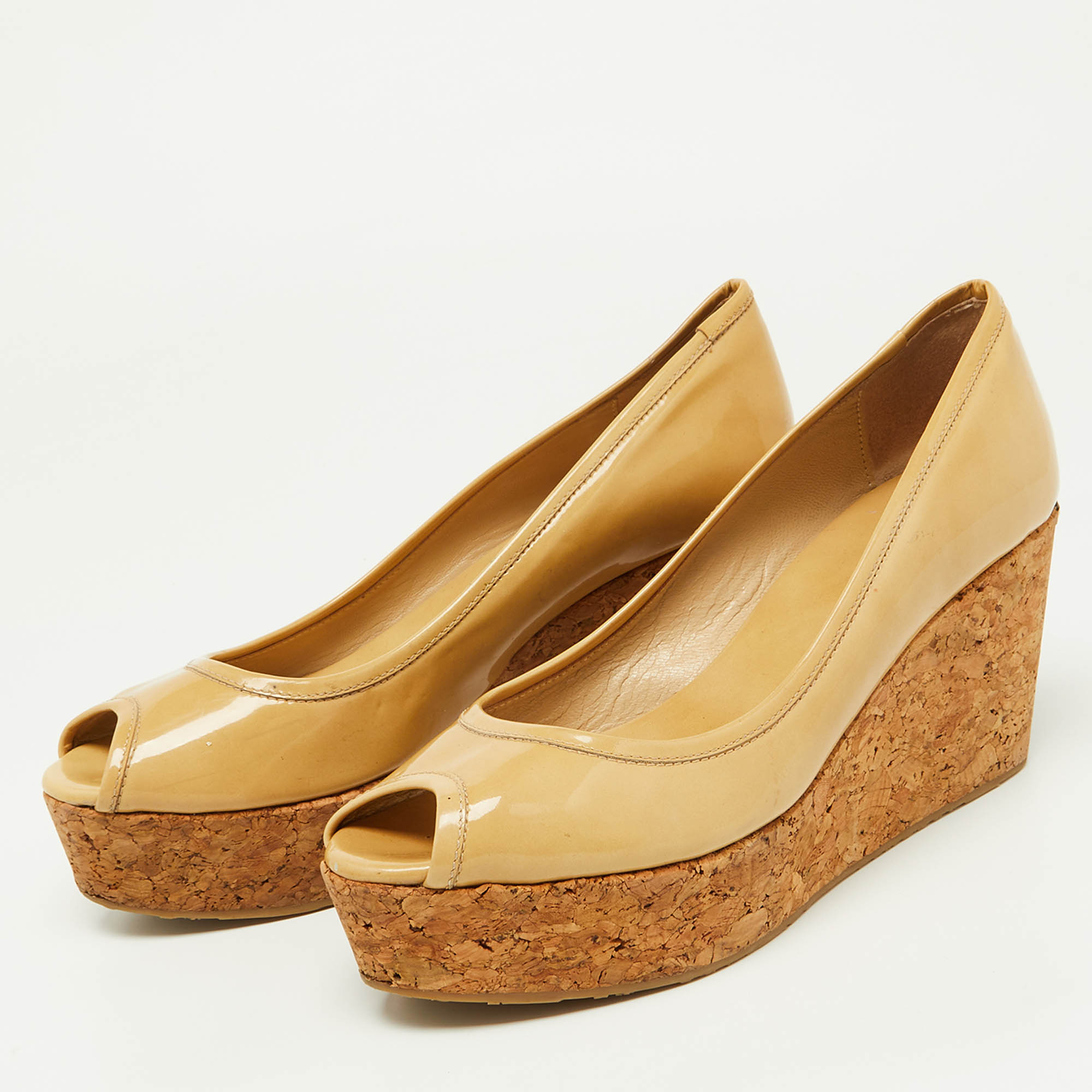Jimmy Choo Beige Patent Leather Cork Wedge Parley Pumps Size 39 