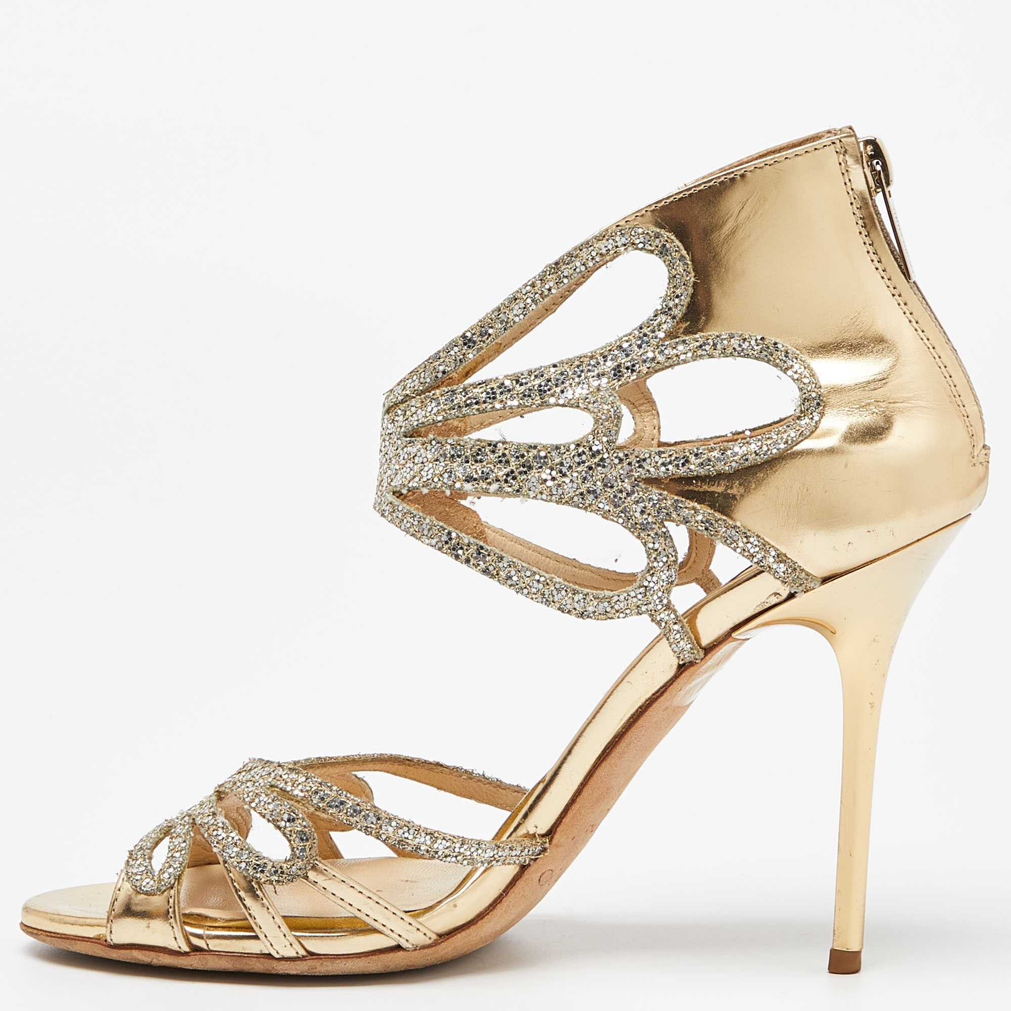 

Jimmy Choo Gold Laminated Leather and Glitter Zip Sandals Size