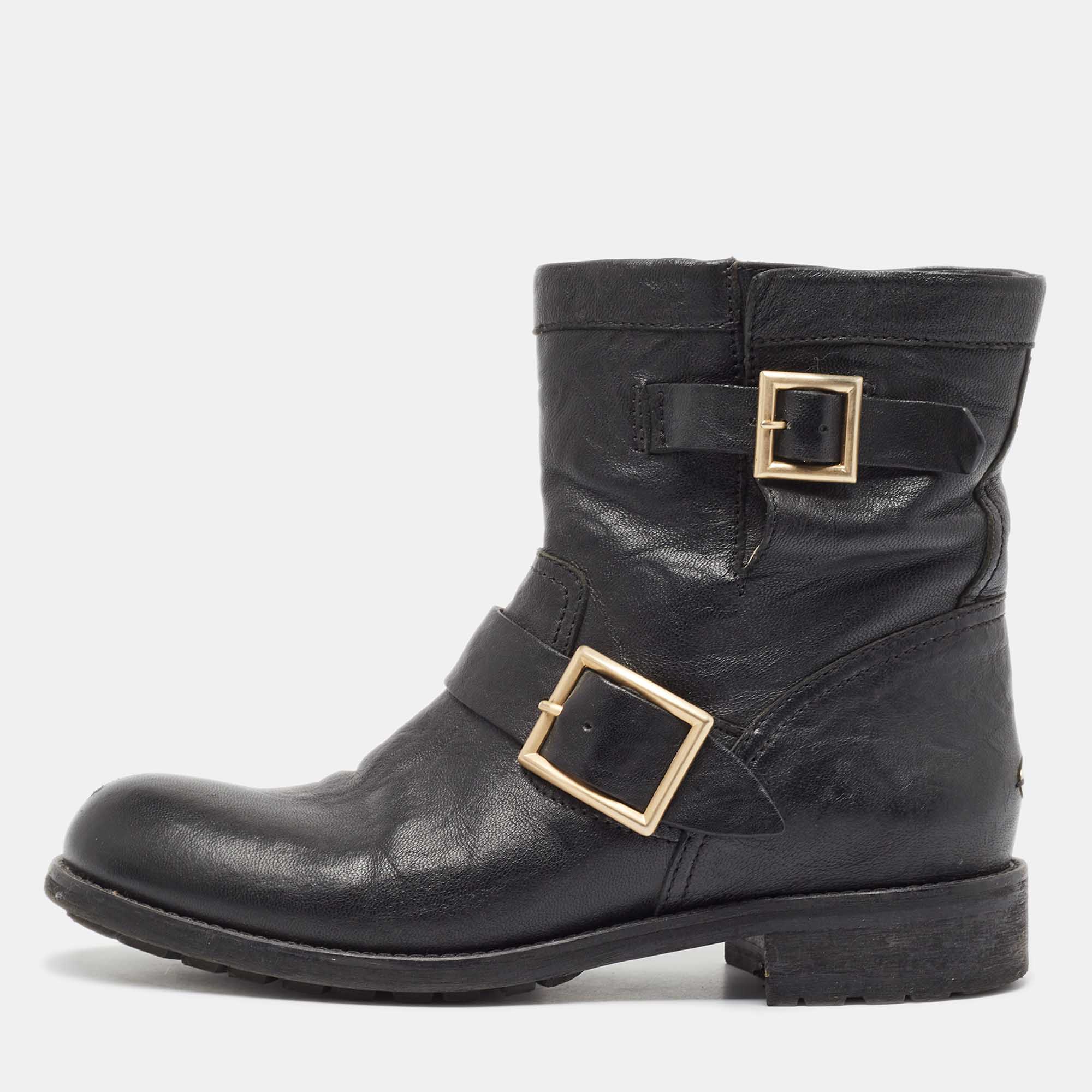

Jimmy Choo Black Leather Buckle Detail Ankle Boots Size
