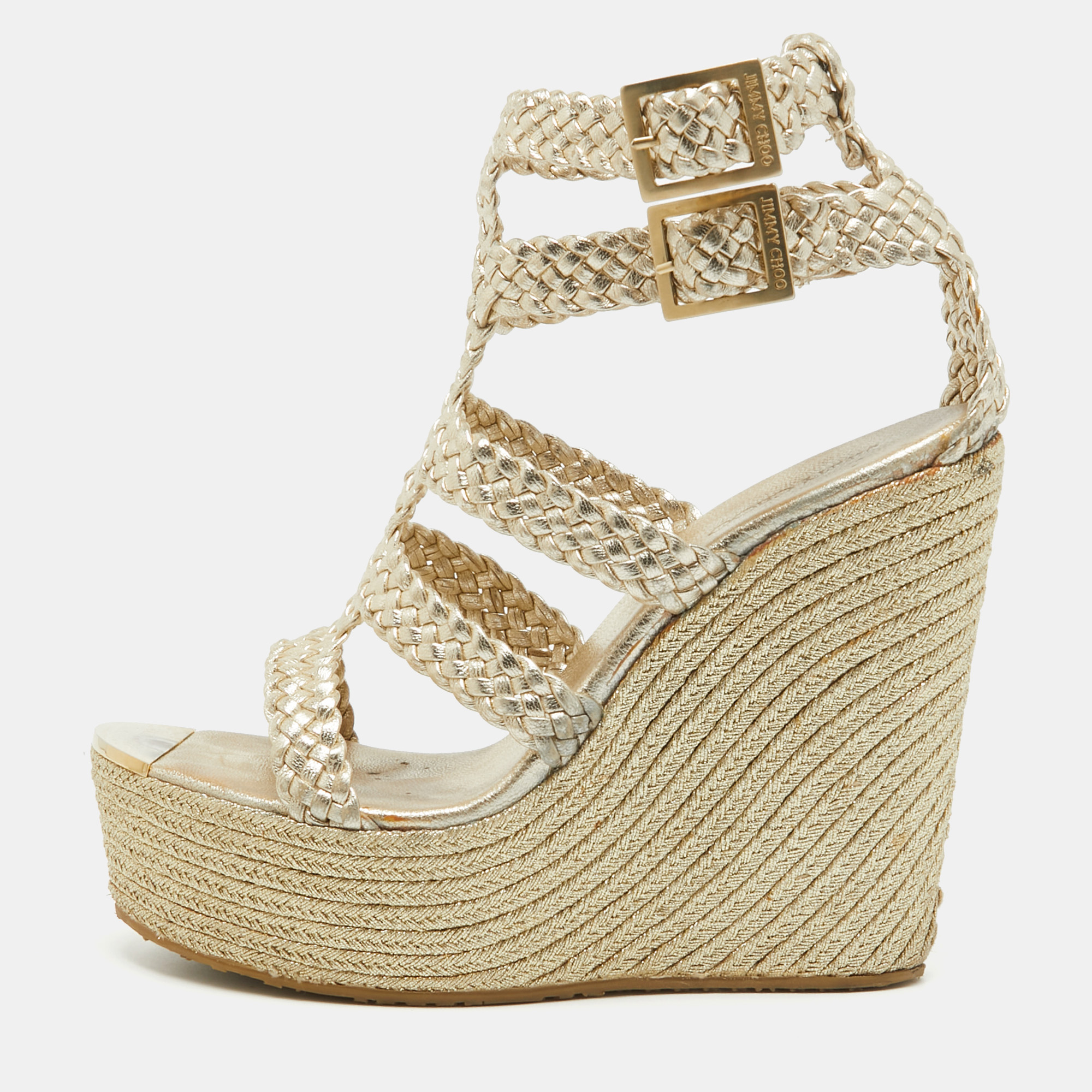 

Jimmy Choo Gold Braided Leather Wedge Sandals Size