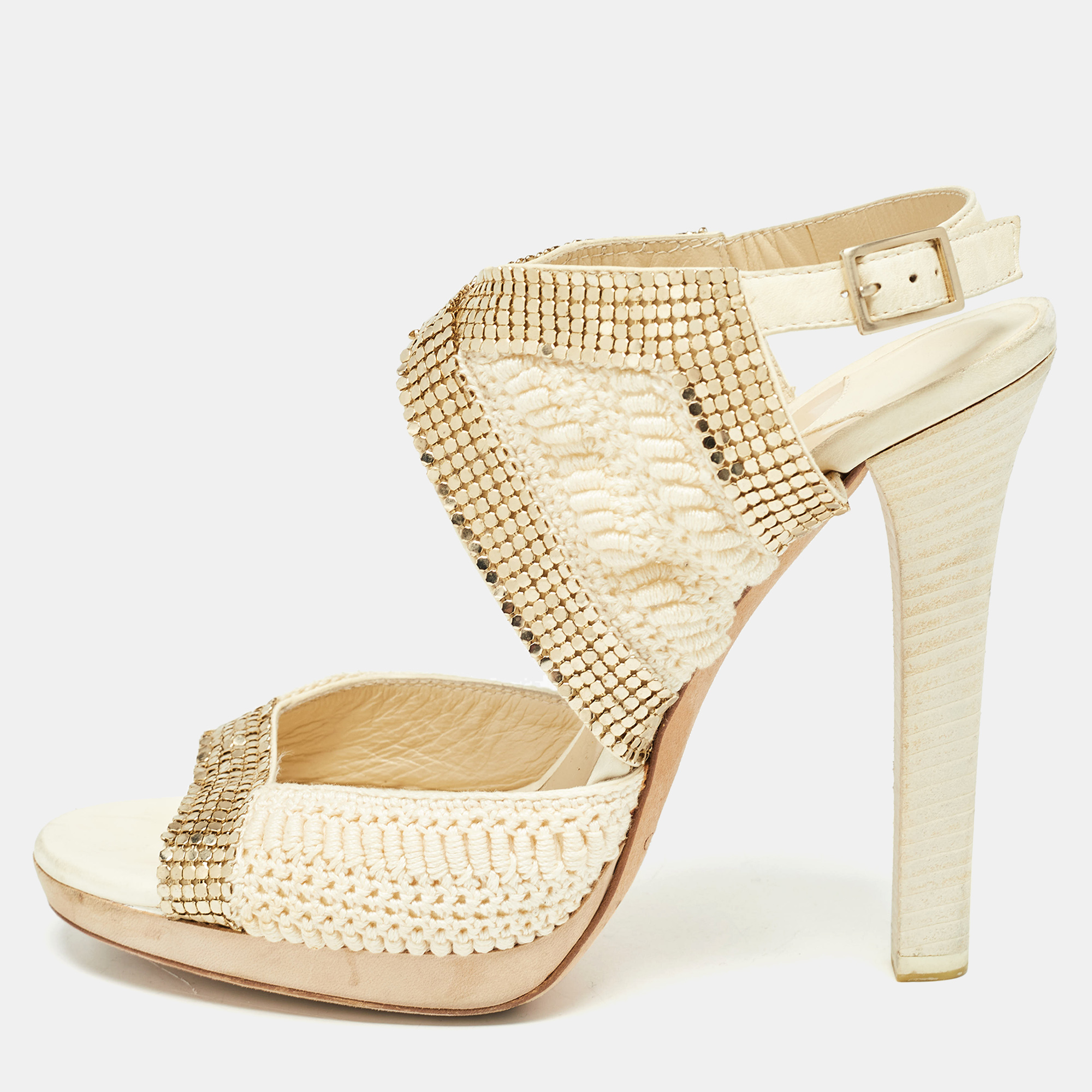 Pre-owned Jimmy Choo Knit Fabric Embellished Ankle Strap Sandals Size 39 In Cream