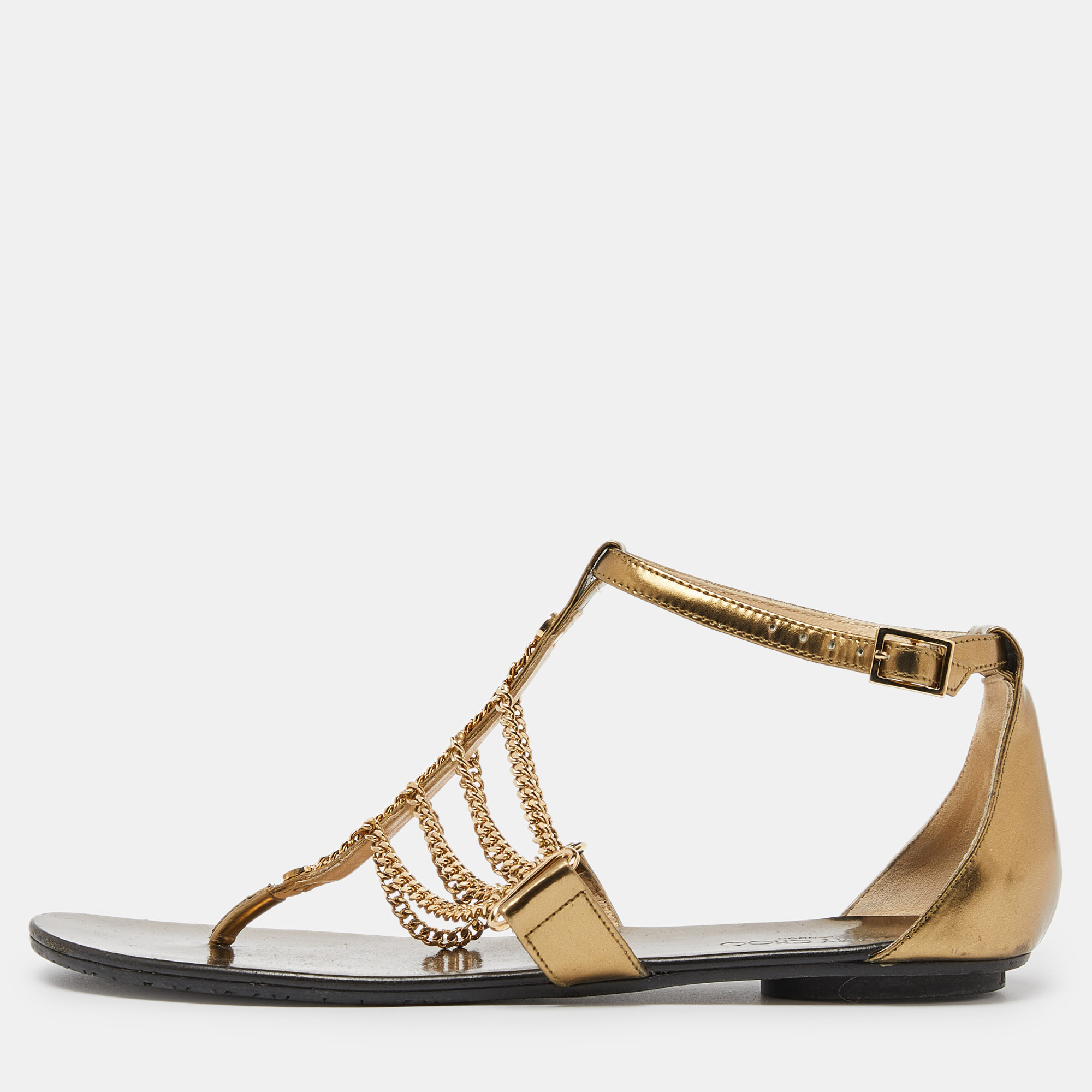 

Jimmy Choo Gold Laminated Leather Thong Flat Sandals Size