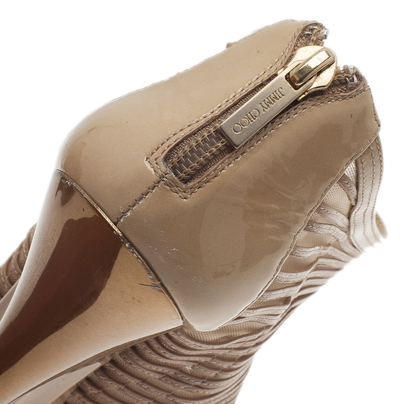 Pre-owned Jimmy Choo Beige Leather And Mesh Ellie Wedge Platform Booties Size 37