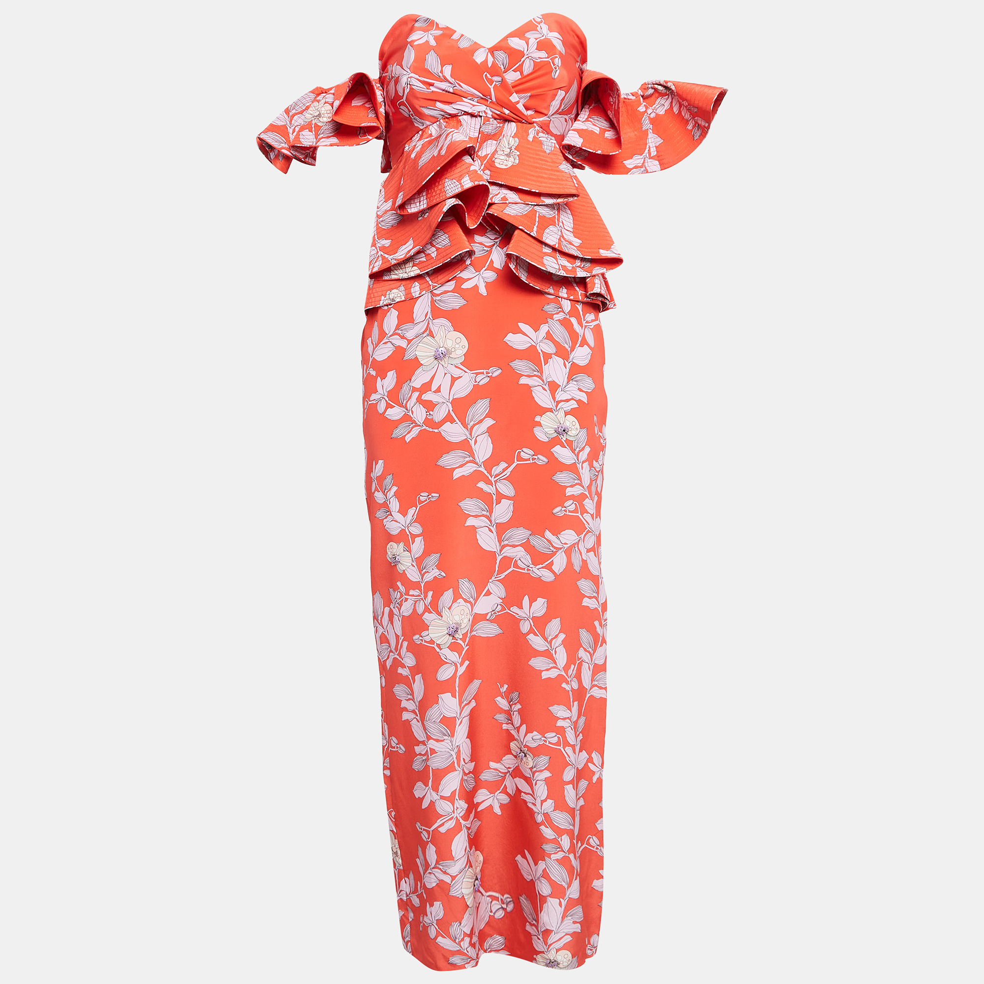 

Johanna Ortiz Red Bougainvillea Print Silk Off-Shoulder Maxi Dress M, Orange