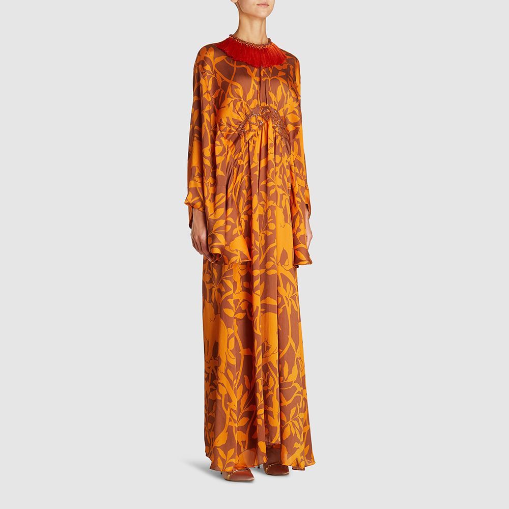 

Johanna Ortiz Brown Tassel Neck Embellished Crepe Maxi Dress Size