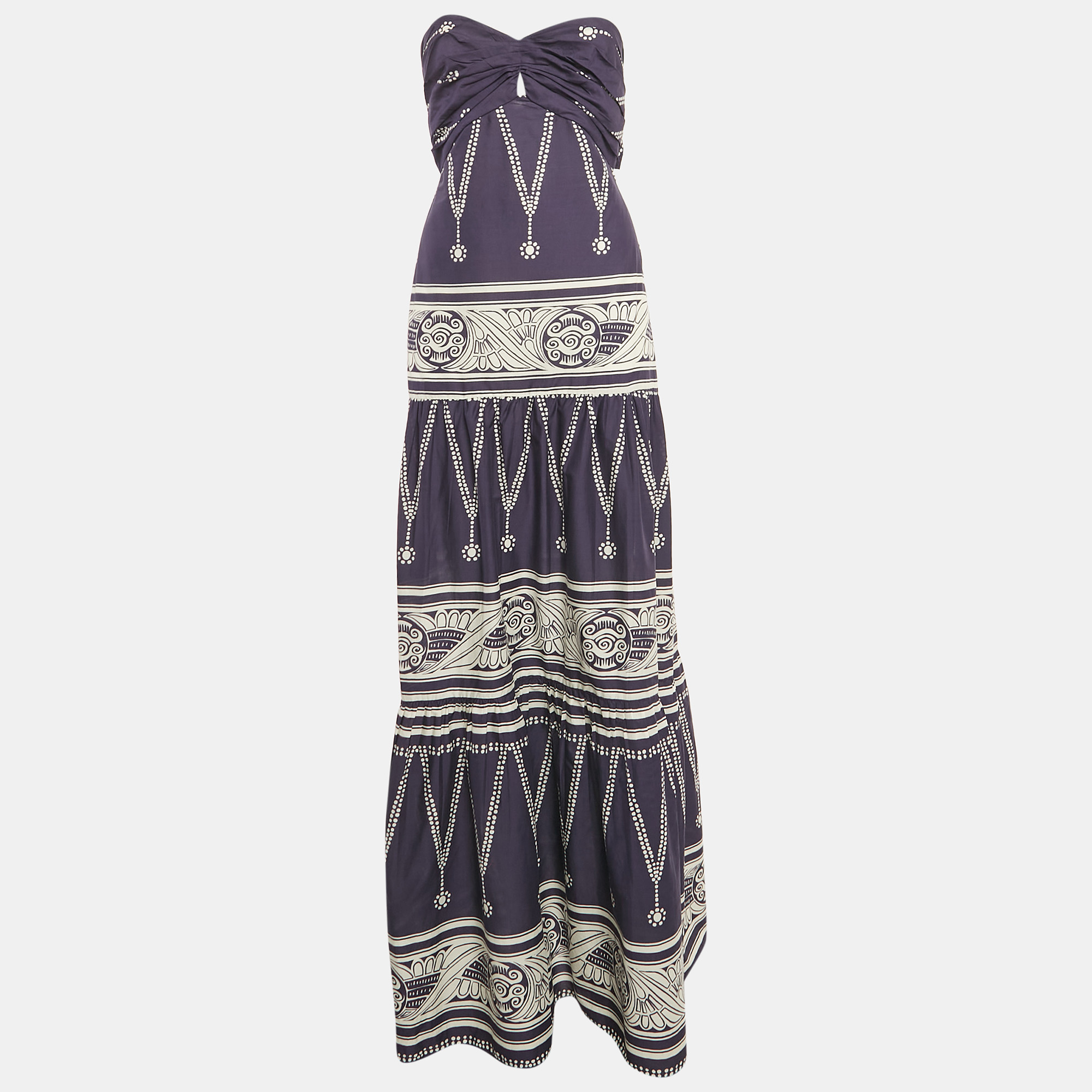 

Johanna Ortiz Navy Blue Printed Cotton Strapless Tie-Up Detail Orilla Del Mar Maxi Dress M