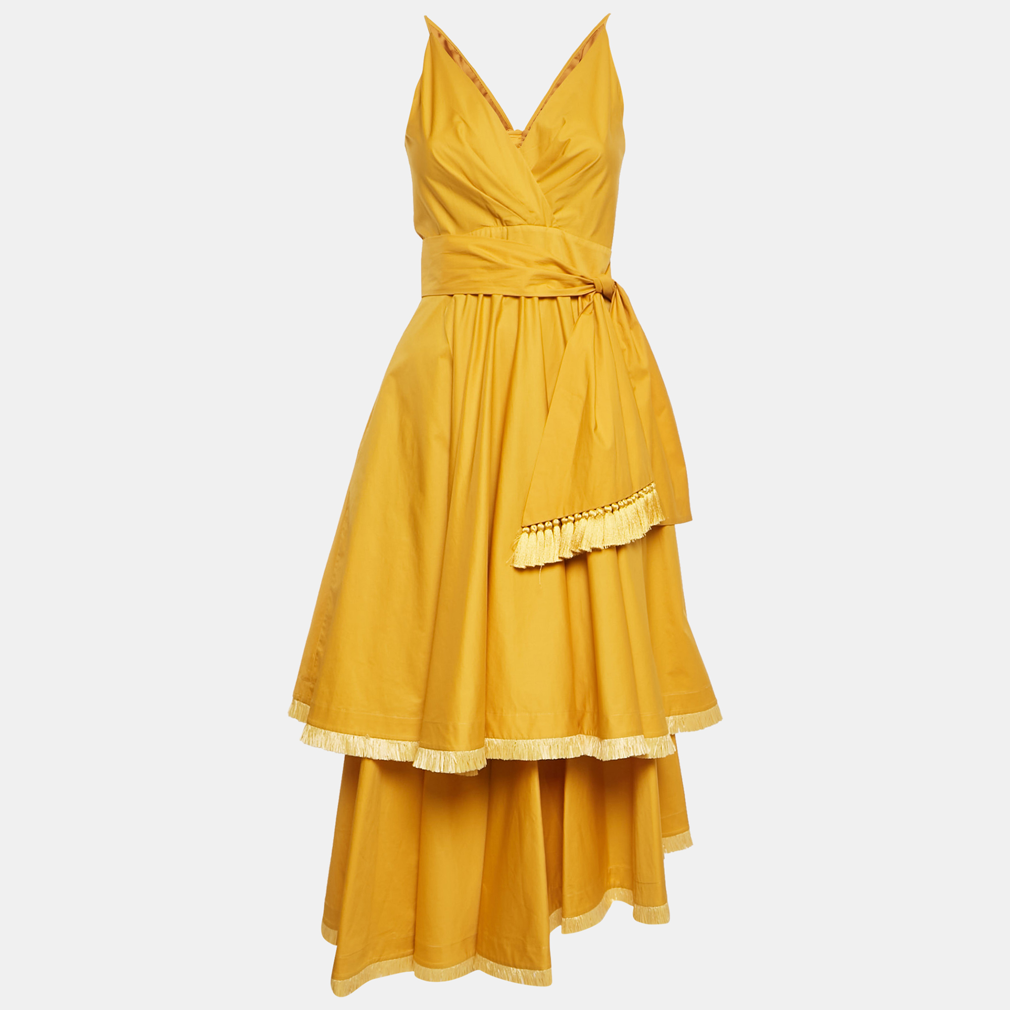 

Johanna Ortiz Yellow Poplin Fringe Tiered Midi Dress S
