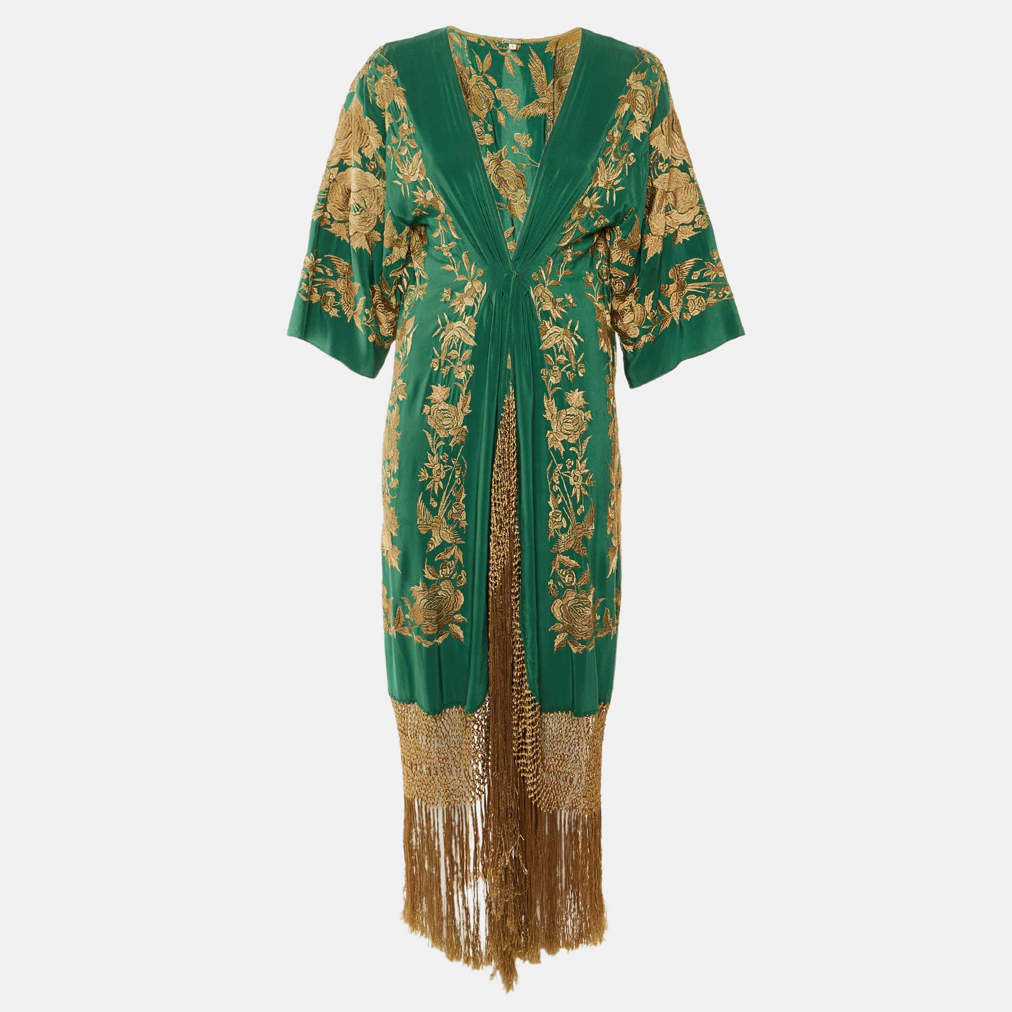 

Johanna Ortiz Green Embroidered Silk Contigo en La Distancia Fringed Dress S