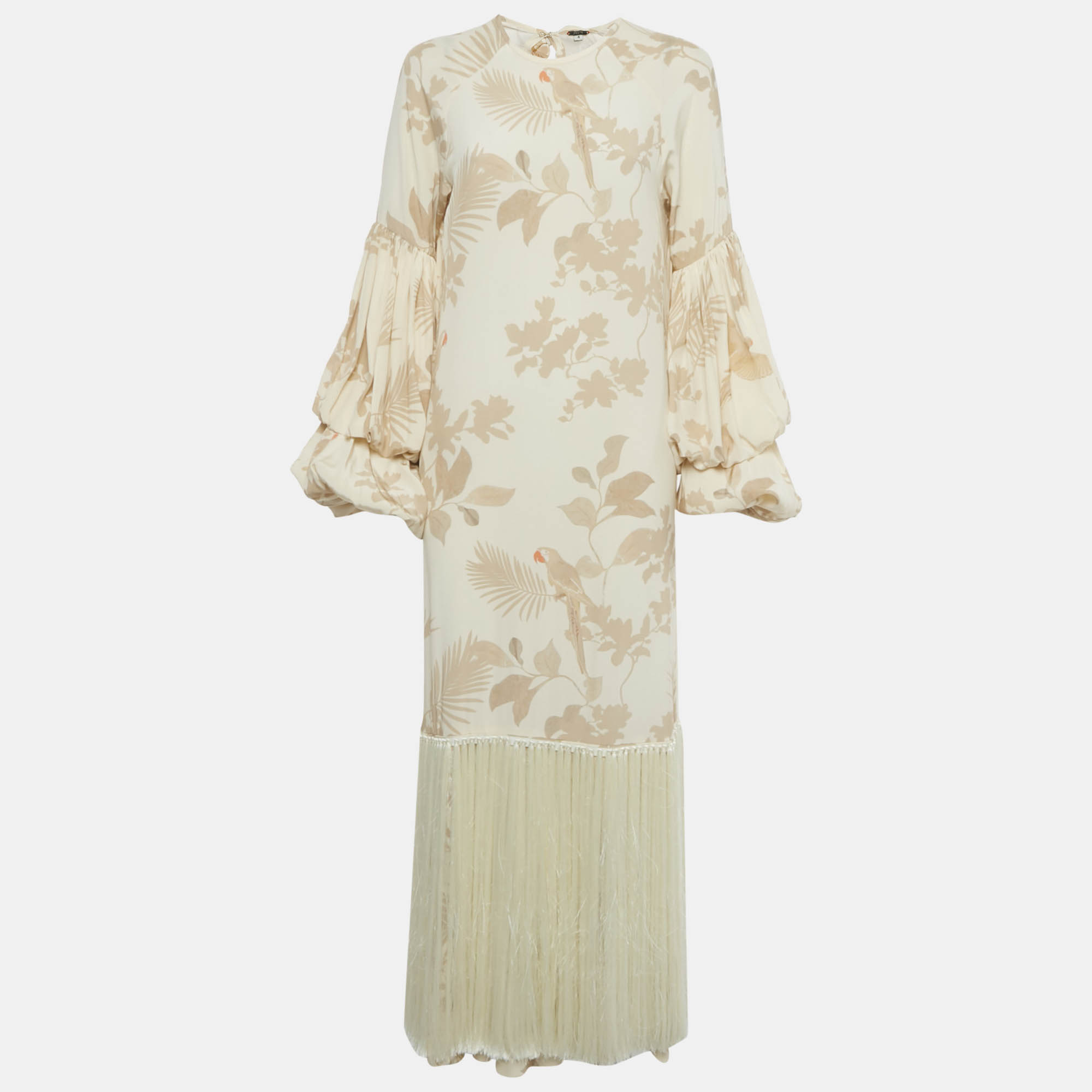 Pre-owned Johanna Ortiz Beige Printed Silk Fringe Detail Dress M In Sand