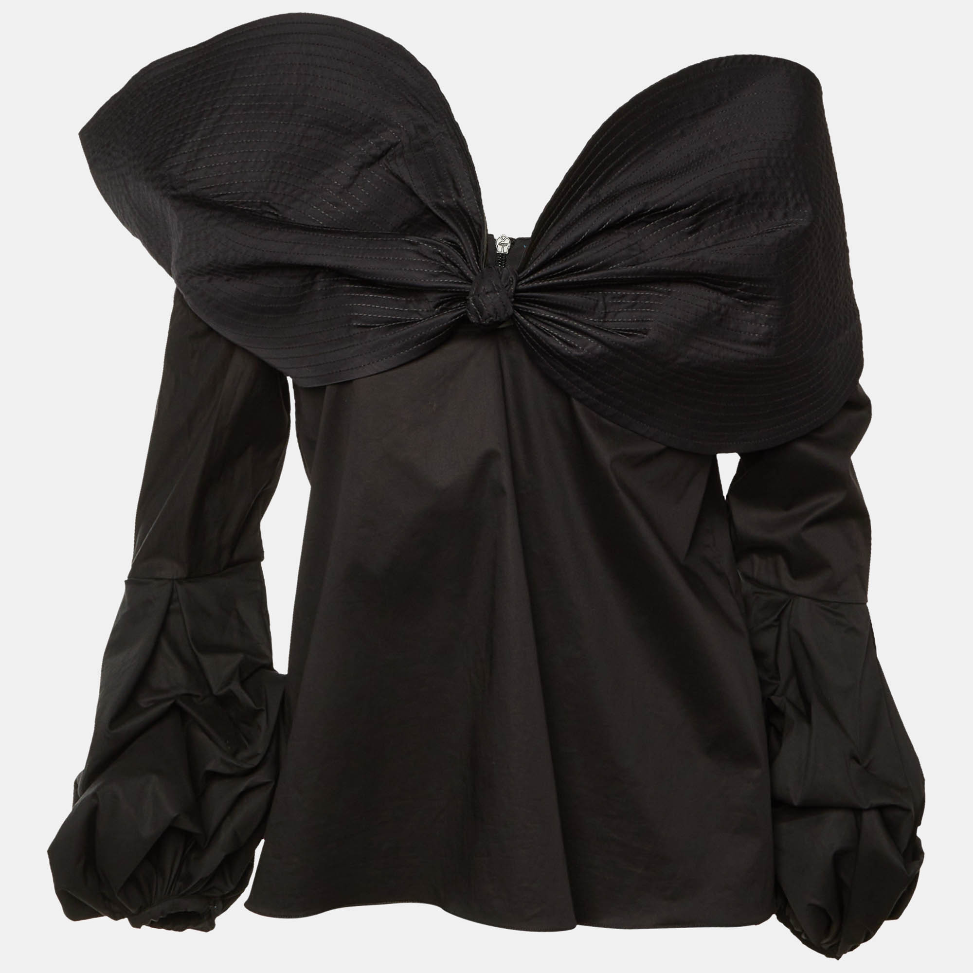 Johanna Ortiz Black Cotton Caravan Bow Detail Off-The-Shoulder Top S