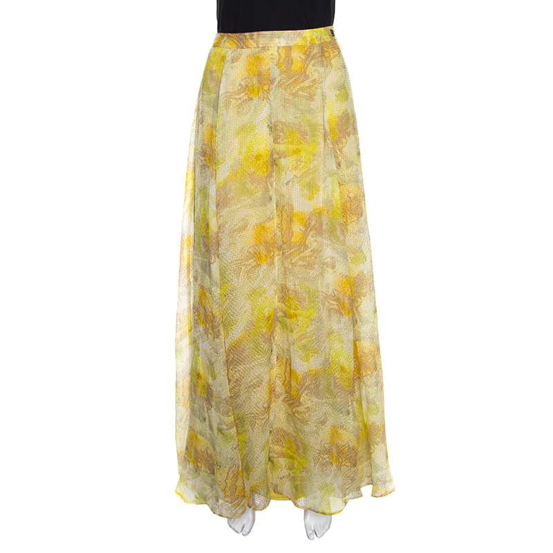 John Galliano Yellow Abstract Printed Silk Maxi A Line Skirt S