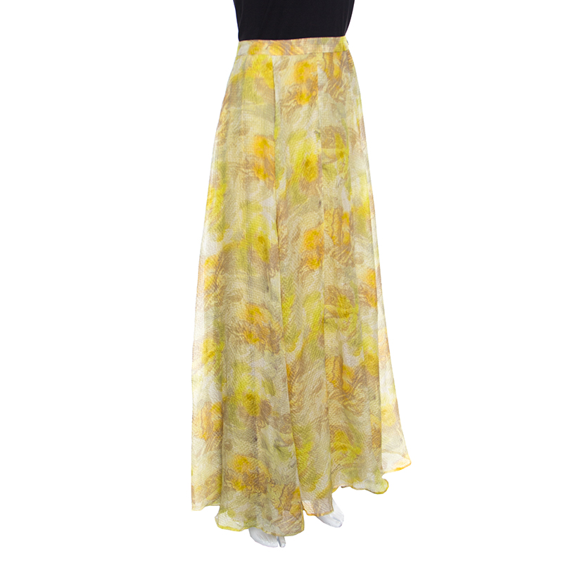 

John Galliano Yellow Abstract Printed Silk Maxi A Line Skirt